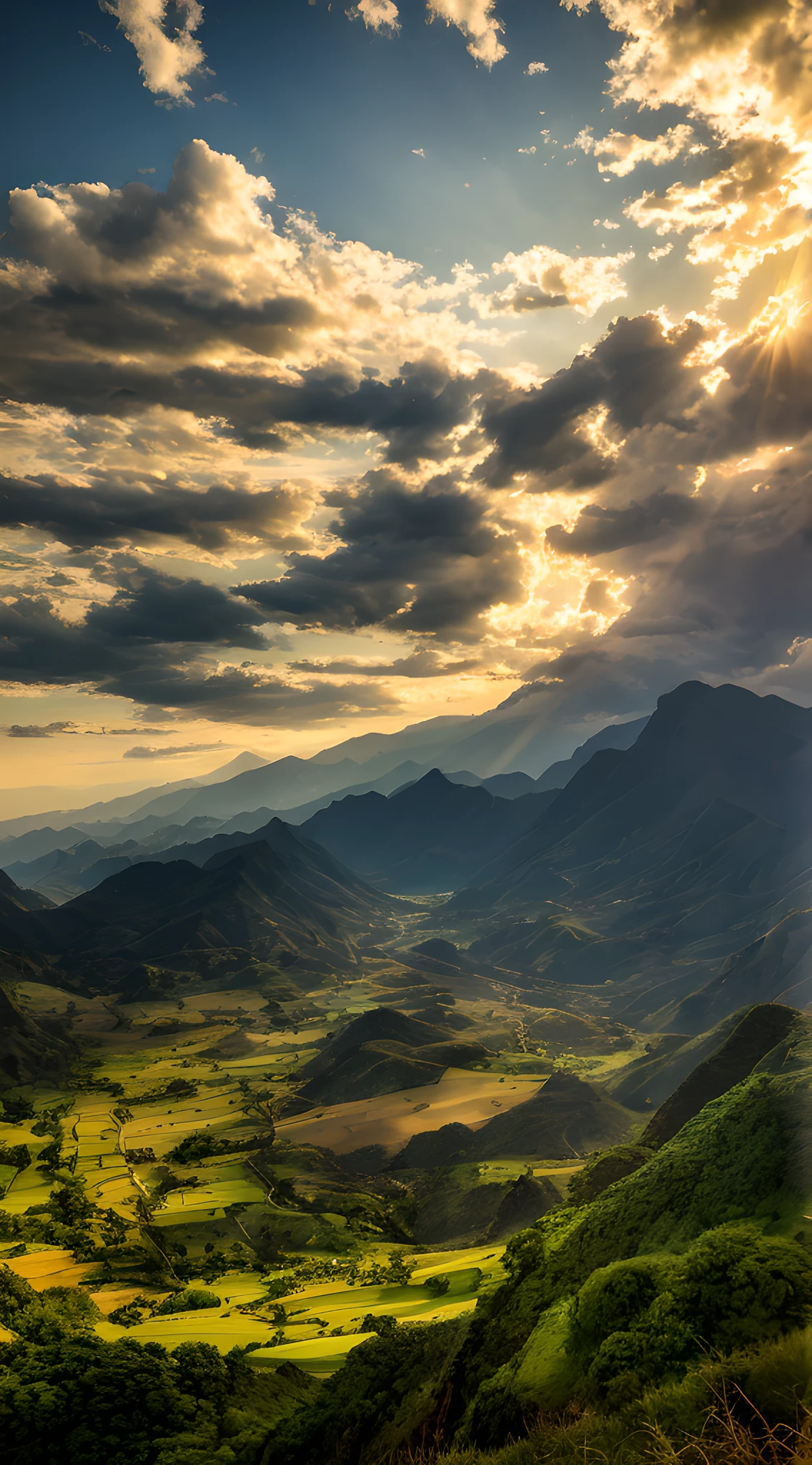 Aalfid view of the valley,There is a valley in the distance, sunset in a valley, Dramatic skies and landscapes, sunshine lighting high mountains, Valle encantador, dramatic morning light, epic beautiful landscape, countryside in japan, Dramatic lighting HDR, dramatic golden light, breathtaking landscape, overlooking valley, Sunset light, an amazing landscape image, sunrise light, dramatic scenery