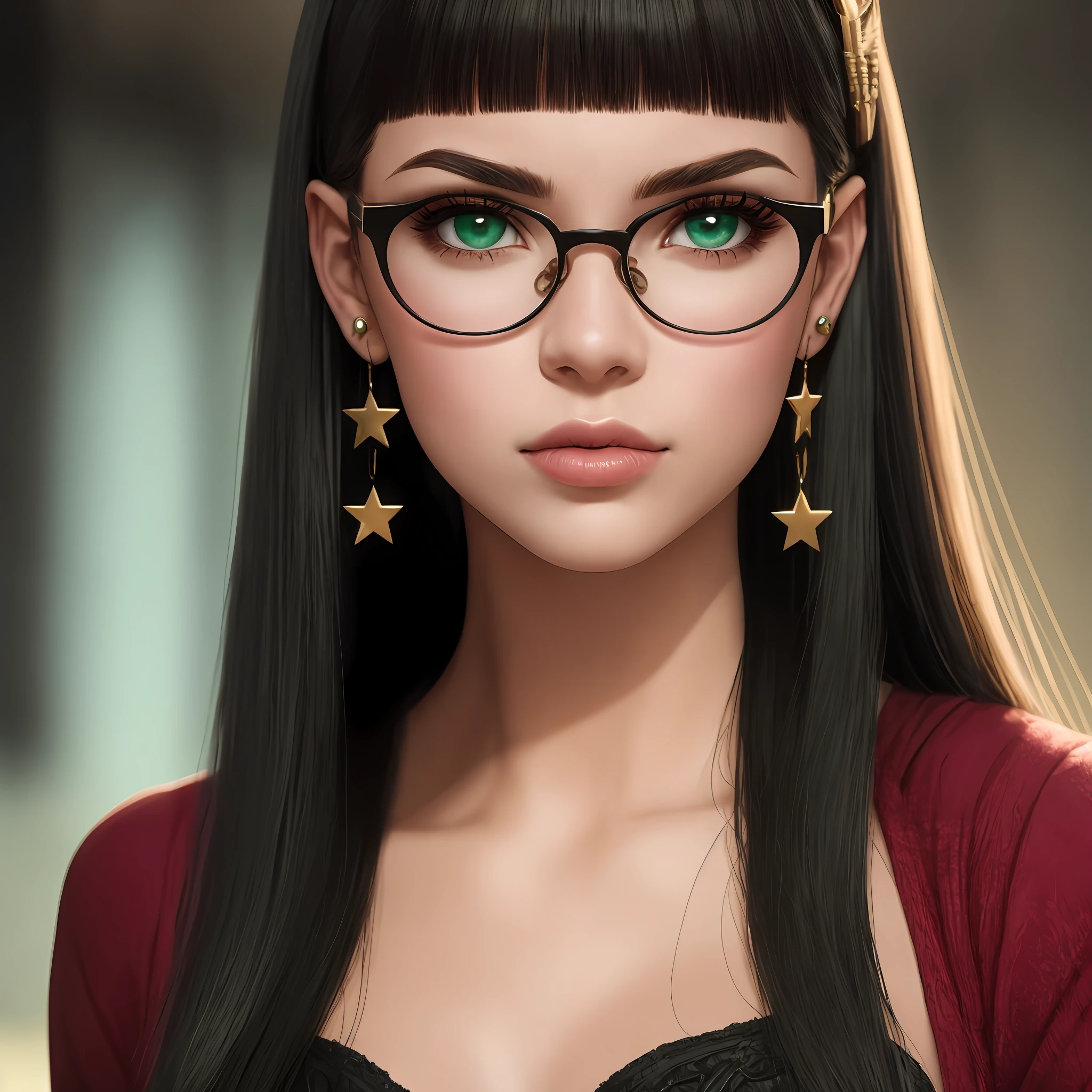 Estilo Marvel, garota 18 anos, apenas rosto, Cleopatra style hair, olhos grandes, olhos verdes luminosos, nariz pequeno, boca com batom rosa, Sensual lips, Prescription glasses nerd, thin neck, She's wearing a star earring, ela tem maquiagem preta borrada, --auto