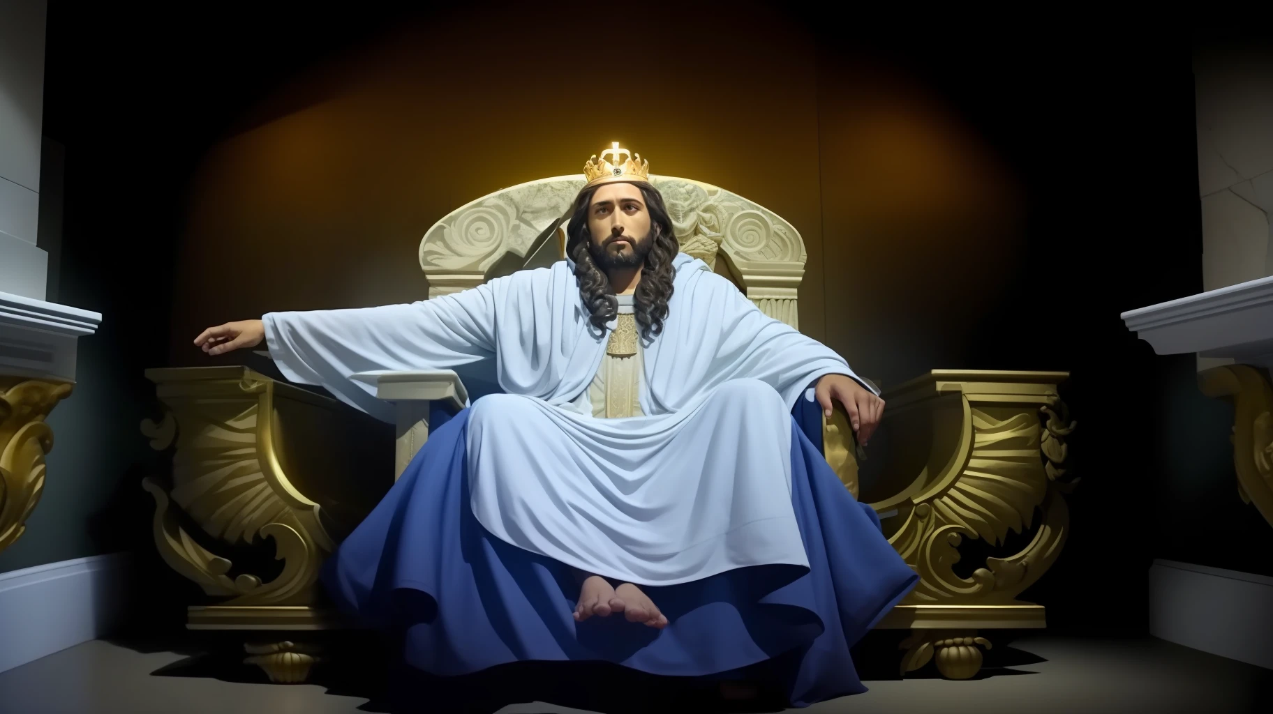 Image of a statue of Jesus sitting on a throne, O Deus Imperador da Humanidade, sentou-se em seu trono, deus imperador, sentado no trono de ouro, sentado em um trono de ouro, Reis antigos em vestes brancas, sentado em um trono dourado, Senhor do Inferno no Trono, sentado em um trono, Rei dos Reis, em uma sala do trono