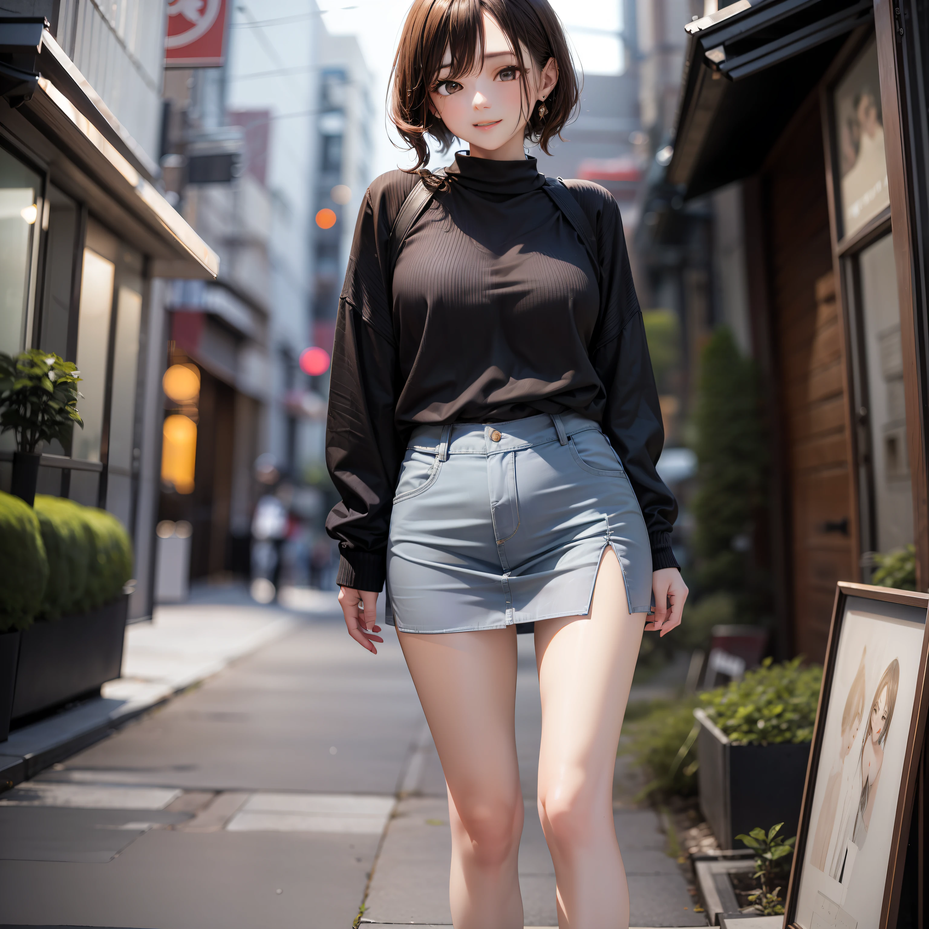 (((8K、Vivid、high-level image quality)))、、attractive girl、early teen、Beautiful skin without blemishes、Angle from below、Thin、Perfect Lighting、portlate、Japan human-style features、Bright lighting、Light makeup、Short perm、Brown hair、A smile、耳Nipple Ring、realisitic、Gamine、Wear a short knitted sweater with a one-piece length、skirt by the、Pants not on、Raw feet
