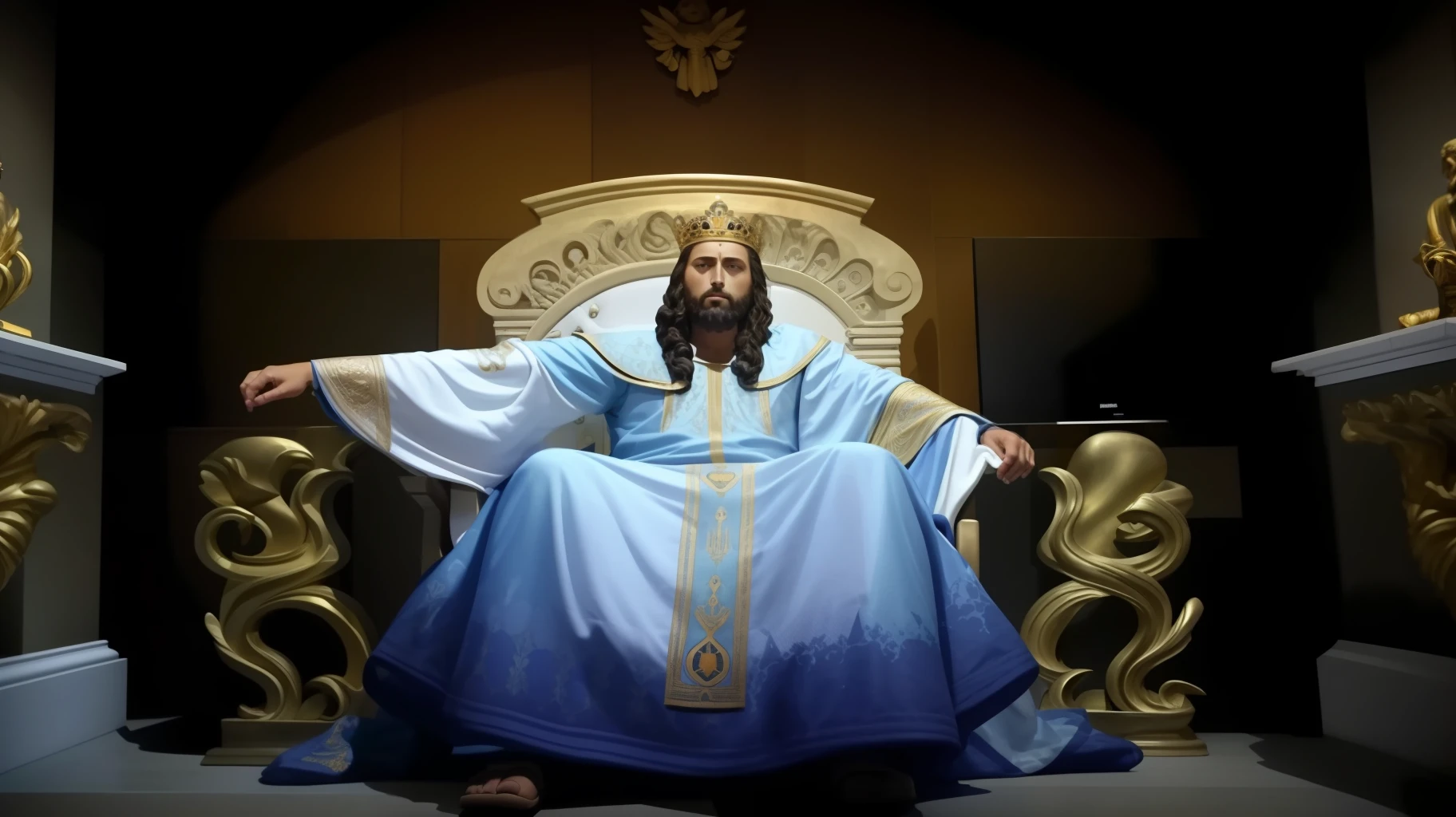 Image of a statue of Jesus sitting on a throne, O Deus Imperador da Humanidade, sentou-se em seu trono, deus imperador, sentado no trono de ouro, sentado em um trono de ouro, Reis antigos em vestes brancas, sentado em um trono dourado, Senhor do Inferno no Trono, sentado em um trono, Rei dos Reis, em uma sala do trono