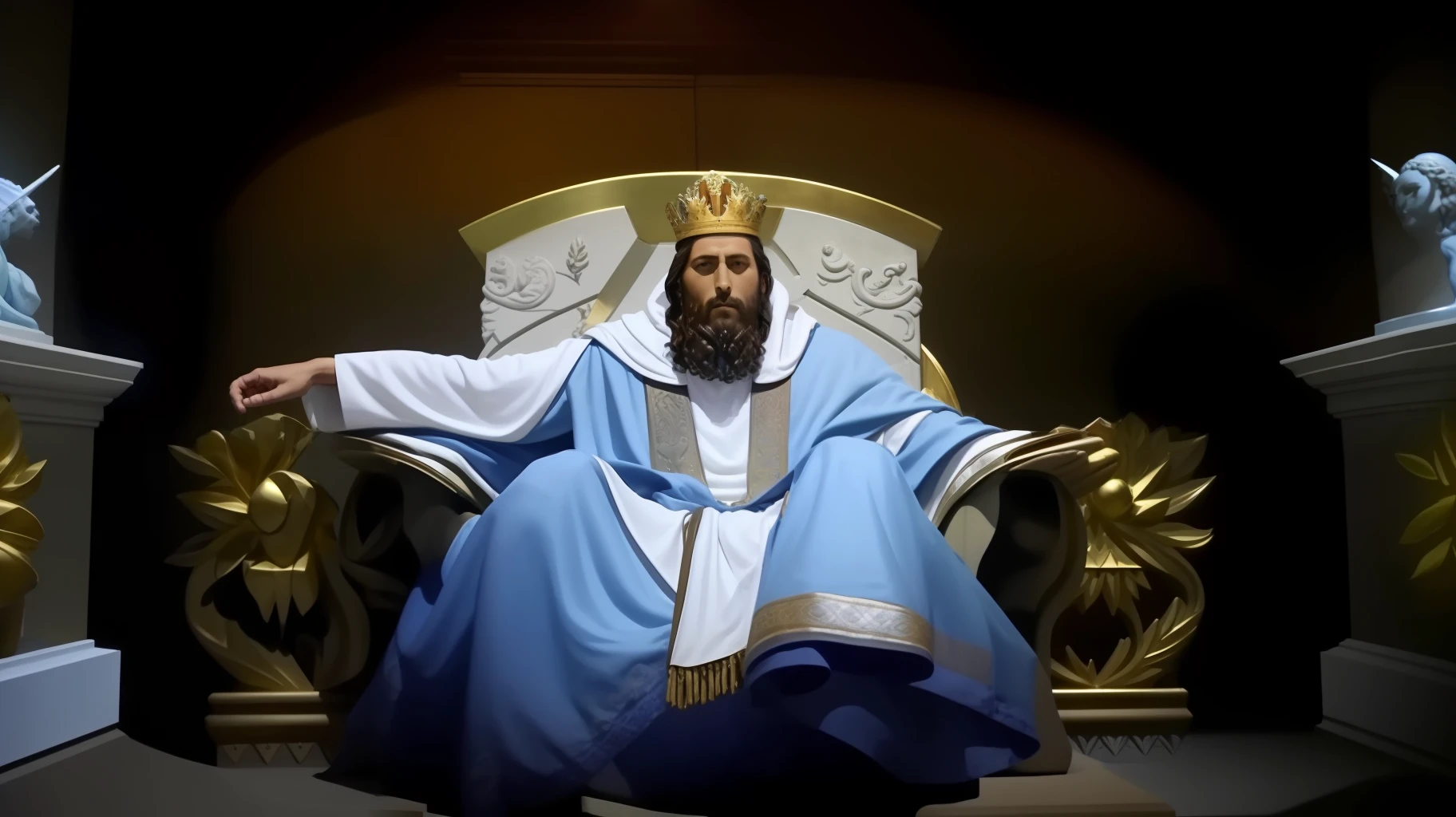 Image of a statue of Jesus sitting on a throne, O Deus Imperador da Humanidade, sentou-se em seu trono, deus imperador, sentado no trono de ouro, sentado em um trono de ouro, Reis antigos em vestes brancas, sentado em um trono dourado, Senhor do Inferno no Trono, sentado em um trono, Rei dos Reis, em uma sala do trono