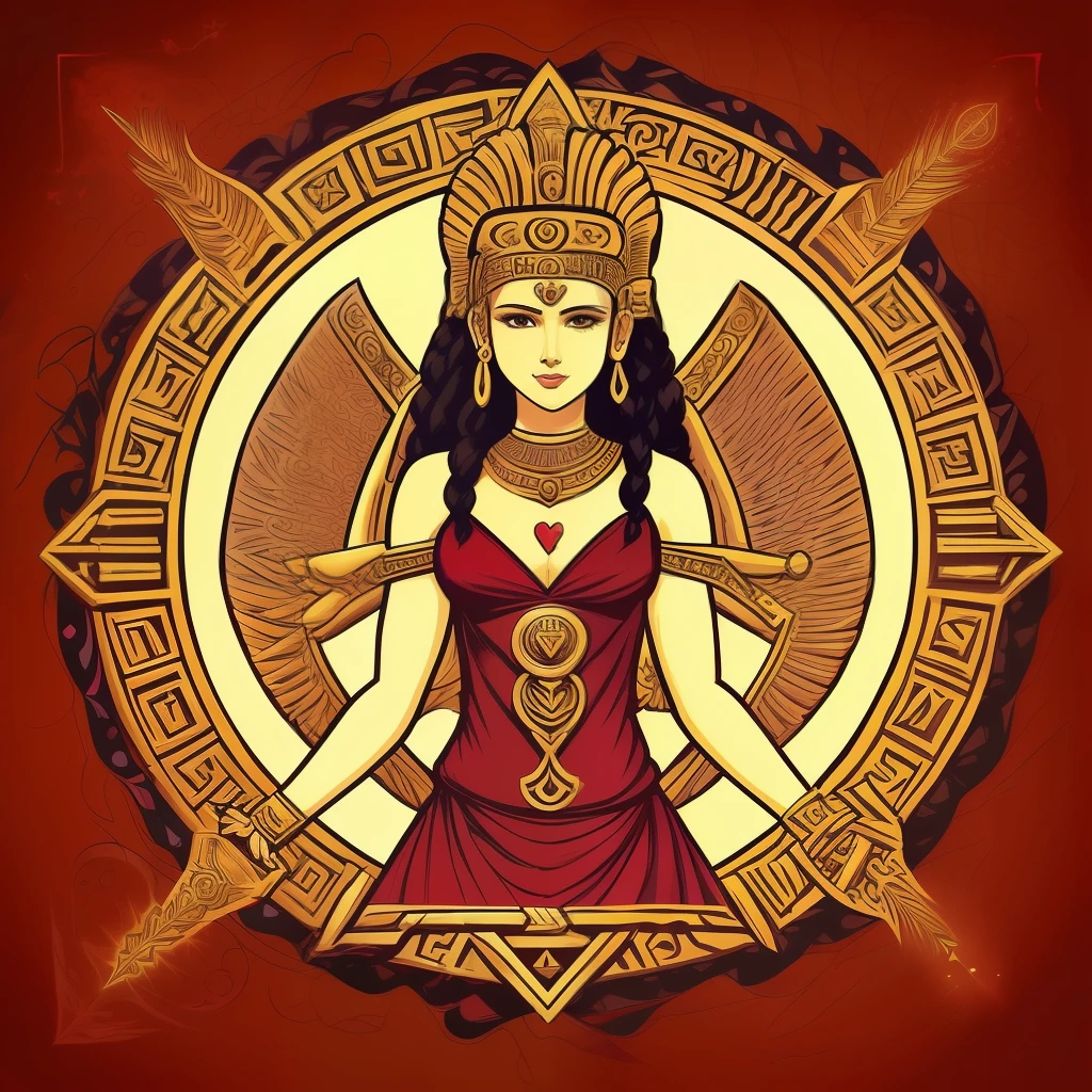 uma mulher com ((CABELOS LONGOS PRETOS)), ((deusa do amor, forza, vida, batalha)), fundo detalhando vermelho, Generating Beautiful Representations of Life, ((A beautiful Sumerian goddess)),(( Mitologia da Deusa do amor)), deusa da fertilidade, COM ROUPA
