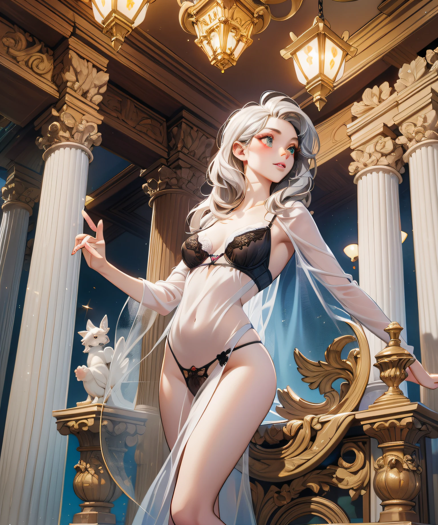 full body, 1 Marble statue of a young girl, front opening, spats (see-through lingerie:1.3), (blushed:1.0), look of contempt,living statue, exposed small breasts, visible pubic hair, view from below, floating antique clock, lamps and lanterns, temple with greek columns, ocean in the distance, dark stormy sky, 1 beautiful caucasian girl carved in marble, fantasy and mystery, fog, 1 beautiful girl in the foreground,golden eyes, golden and silver hair, very long golden and silver hair, crimson lips, marble skin with reflections, statue, sexy pose, provocative pose, full body,Reloj antiguo flotante, Antique lamp, salpicar,pose seductora, Pubic Hair Visible, senos visibles,