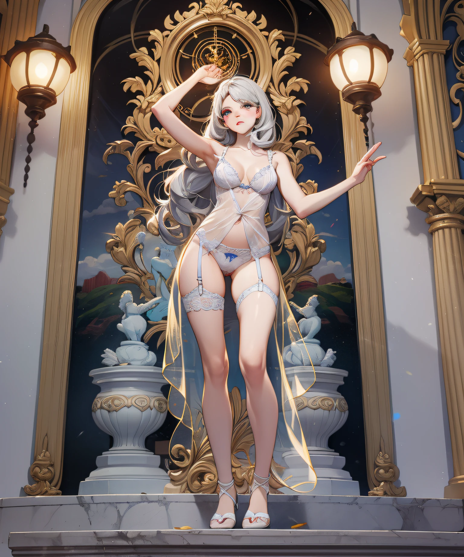 full body, 1 Marble statue of a young girl, front opening, spats (see-through lingerie:1.3), (blushed:1.0), look of contempt,living statue, exposed small breasts, visible pubic hair, view from below, floating antique clock, lamps and lanterns, temple with greek columns, ocean in the distance, dark stormy sky, 1 beautiful caucasian girl carved in marble, fantasy and mystery, fog, 1 beautiful girl in the foreground,golden eyes, golden and silver hair, very long golden and silver hair, crimson lips, marble skin with reflections, statue, sexy pose, provocative pose, full body,Reloj antiguo flotante, Antique lamp, salpicar,pose seductora, Pubic Hair Visible, senos visibles,