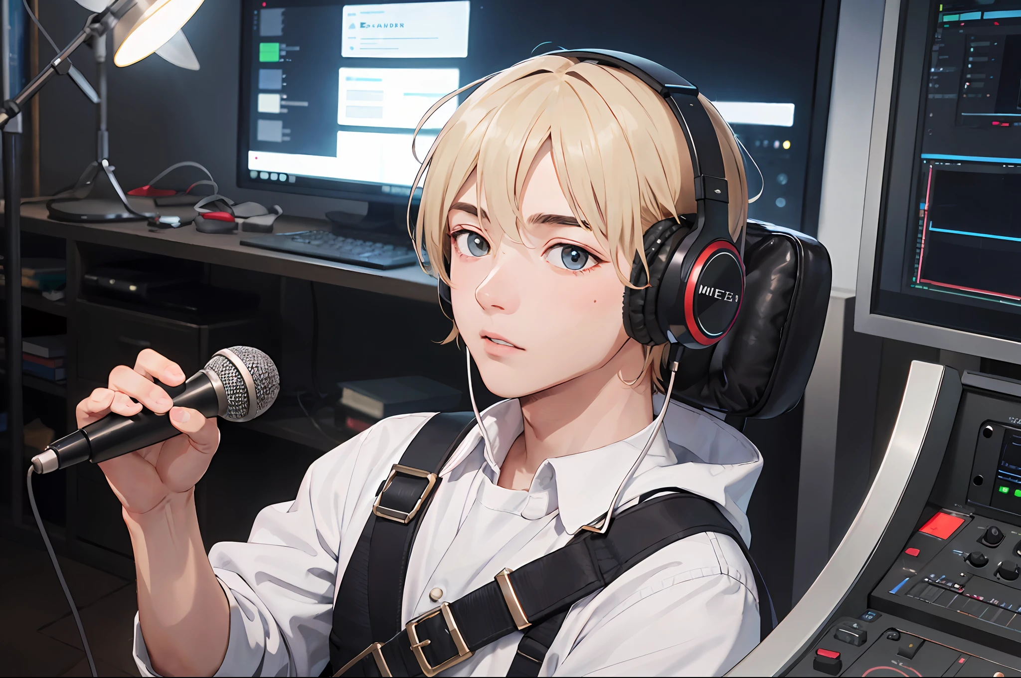 In the studio,handsome,Artistic boys,Remove the headphones worn on your head,Record microphone,