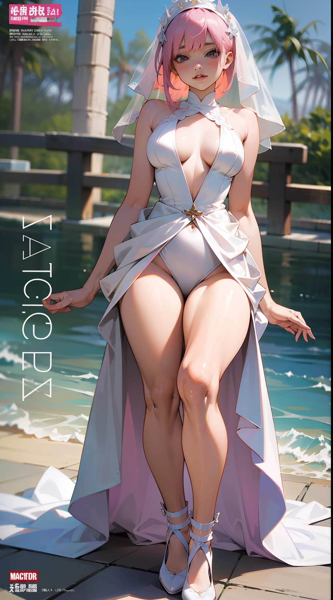 ichika nakano,Slim,A pink-haired,Fleshy thighs,Superskirt,white wedding gown,Masterpiece,Brilliant sunshine,Ocean park,Comic cover style,Comic title,tmasterpiece, High- sharpness, high high quality, 详细的脸, detailed body render, Dark lips