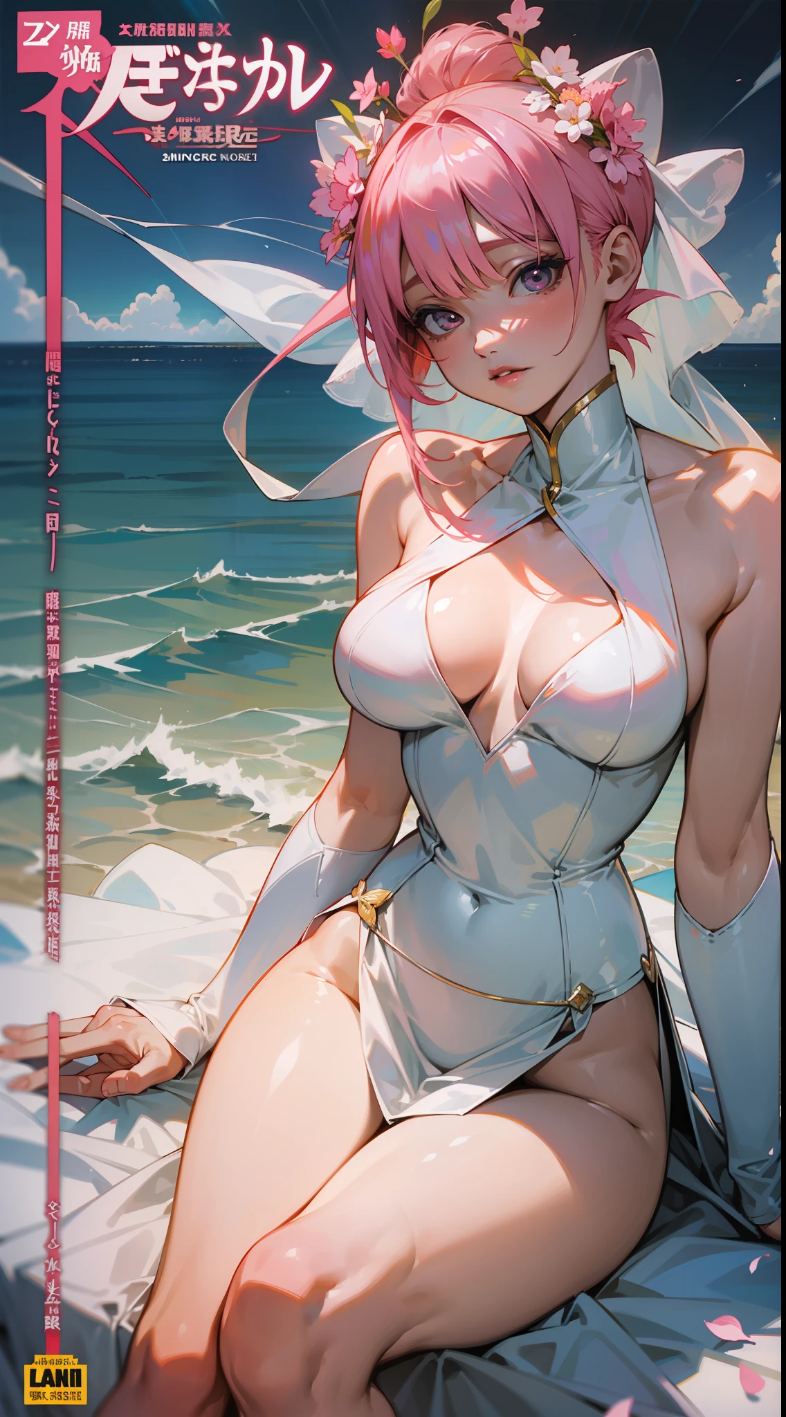 ichika nakano,Slim，A pink-haired，Fleshy thighs，Superskirt，white wedding gown，Masterpiece，Brilliant sunshine，Ocean park，Comic cover style，Comic title,tmasterpiece， High- sharpness， high high quality， 详细的脸， detailed body render， Dark lips