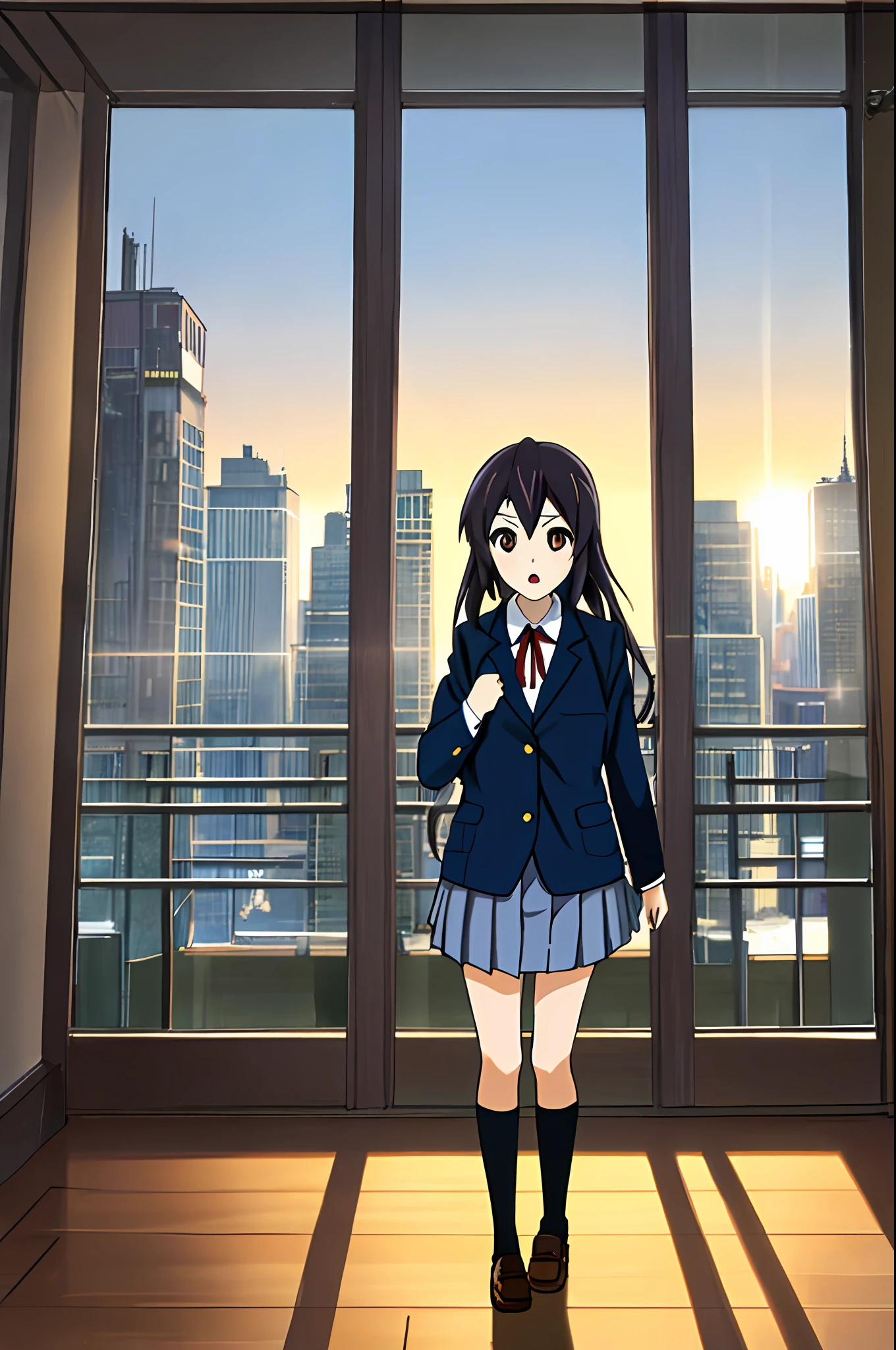 1girl, (((masterpiece))), top-quality, top-quality, High Details, nakano azusa, 1girl, Sakuragaoka High School Uniform, musical instrument, student clothes, Twin-tailed, length hair, A dark-haired, brown-eyed, 独奏, reddish, Dark blue blazer with thin red ribbon, Solid white buttoned shirt under blazer, illustratio, comic strip, soothing tones, Subdued Color, Soft cinematic light, adobe lightroom, photolab, HDR, intricately and hyper-detailed、(((depth of fields))))。(((masterpiece)))。(((top-quality))).)((ultra-detailliert)))。(((illustratio)))。(((fighting stance))).,(((Gigantic))).dynamic focus.(((Skyscrapers))).(((A city scape))).(((Despair face))). open mouth.(((evening glow))).(((the setting sun))).(((Clench your fists))).(((up chest))).(((Medium chest))).