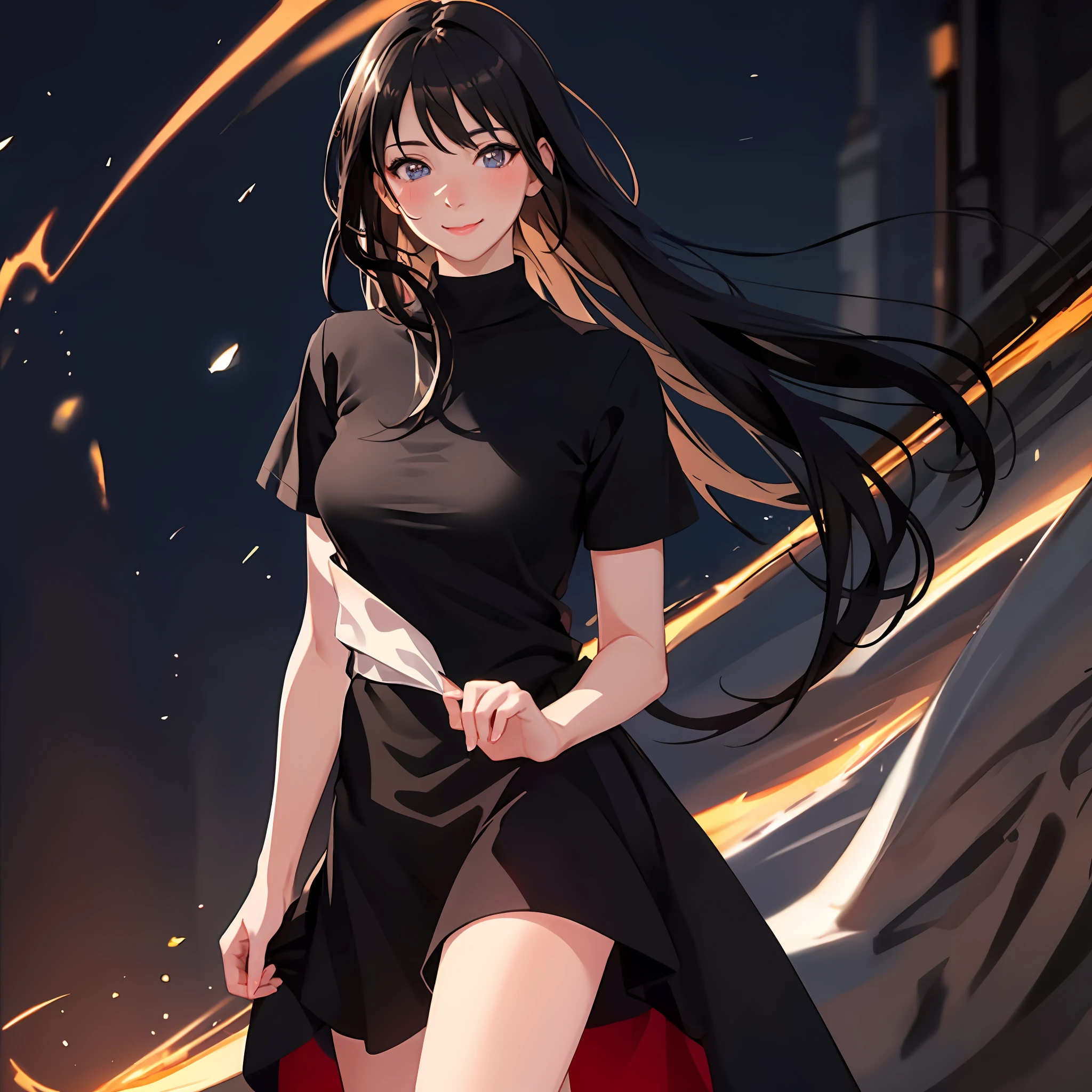 (8K, Best quality, Masterpiece:1.2), (Realistic, photo-realistic:1.37), Ultra-detailed, 1 girl,Cute, midnight,Beautiful detailed sky,NOWAI,standing on your feet,Pose pose,(nose blush),(Smile:1.15),(Closed mouth) Small breasts,Beautiful detailed eyes,Floating hair NovaFrogStyle,Skinny shirt