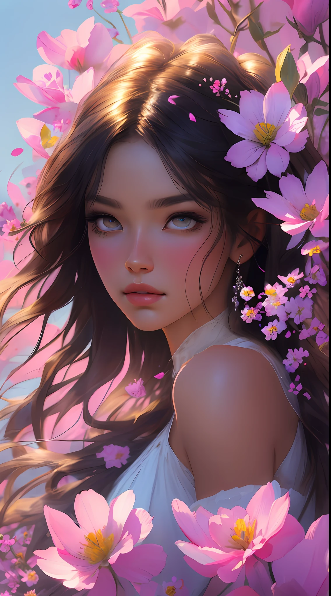 This artwork is dreamy and ethereal, with colors drawing inspiration from gentle watercolors, primarily pink. Generate a delicate and demure flower maiden with soft, realistic hair dancing in the breeze. Her sweet, realistic face is extremely detailed and has puffy, big lips and stunning, highly realistic eyes. Her eyes are important and should be realistic, highly detailed, and beautiful. The flower maiden is wearing delicate and elegant fabric of silk and satin. She is surrounded by beautiful flowers of varying sizes and colors and flower petals dancing in the wind around her. The background is detailed, wild, and unruly, with wildflowers and wind and pollen creating a dynamic and compelling image. She wears an ornately flowered headdress that enhances her soft beauty. Include a soft watercolor sky. Include fantasy details, enhanced details, iridescence, colorful glittering wind, and pollen. Pay special attention to her face and make sure it is beautifully and realistically detailed. The image should be dreamy and ethereal.8k, intricate, elegant, highly detailed, majestic, digital photography, art by artgerm and ruan jia and greg rutkowski, (masterpiece, finely detailed beautiful eyes: 1.2), hdr, realistic skin texture, ((fantasy00d:1)), rays of light, ornate flowers, dew drops, sunlight, hazy rays of sun