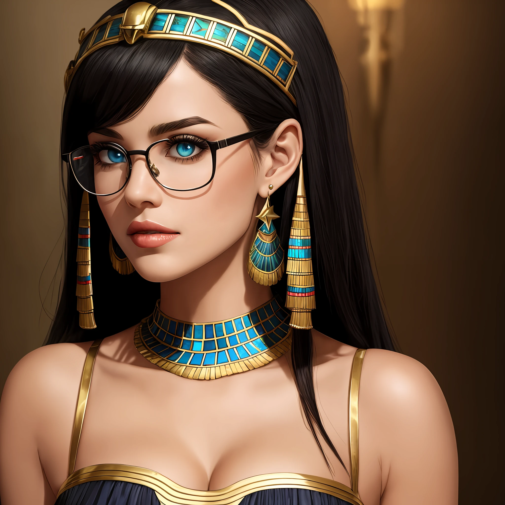 Estilo Marvel, garota 18 anos, corpo inteiro, Cleopatra style hair, olhos grandes, olhos verdes luminosos, nariz pequeno, boca com batom rosa, Sensual lips, Prescription glasses nerd, thin neck, She's wearing a star earring, ela tem maquiagem preta borrada, She is wearing an Egyptian women's outfit --auto