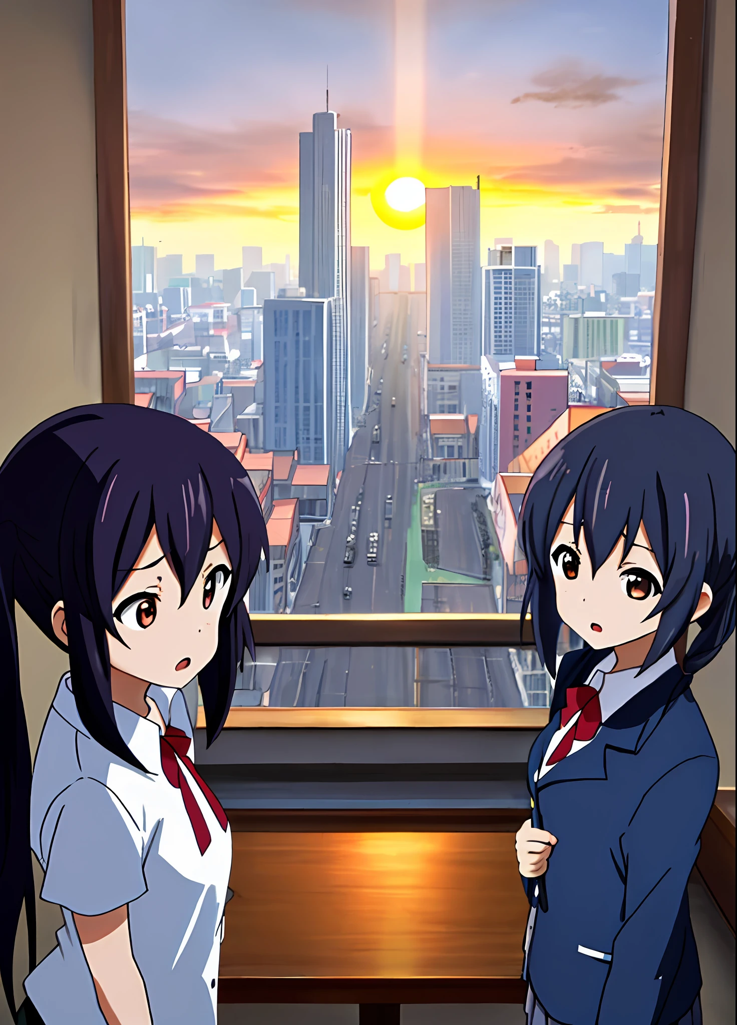 1girl, (((masterpiece))), top-quality, top-quality, High Details, nakano azusa, 1girl, Sakuragaoka High School Uniform, musical instrument, student clothes, Twin-tailed, length hair, A dark-haired, brown-eyed, 独奏, reddish, Dark blue blazer with thin red ribbon, Solid white buttoned shirt under blazer, illustratio, comic strip, soothing tones, Subdued Color, Soft cinematic light, adobe lightroom, photolab, HDR, intricately and hyper-detailed、(((depth of fields))))。(((masterpiece)))。(((top-quality))).)((ultra-detailliert)))。(((illustratio)))。(((fighting stance))).,(((Gigantic))).dynamic focus.(((Skyscrapers))).(((A city scape))).(((Despair face))). open mouth.(((evening glow))).(((the setting sun))).(((Clench your fists))).(((up chest))).(((Medium chest))).