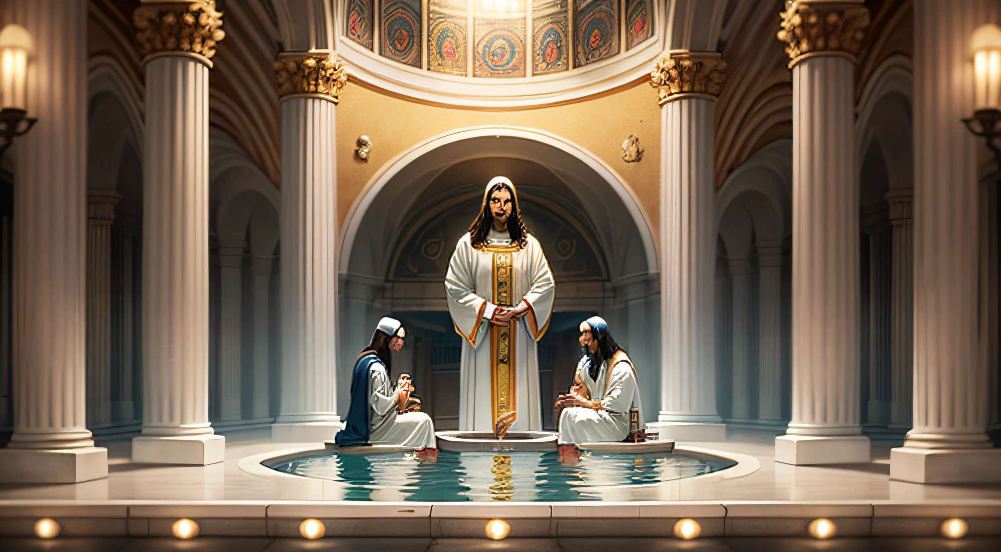 Jesus Christ kneeling in the middle of the tabernacle begins to wash the feet of the disciples who are seated in a chair with a basin filled with water, cristalina e limpa, com um enorme sorriso no rosto, olhar de humildade