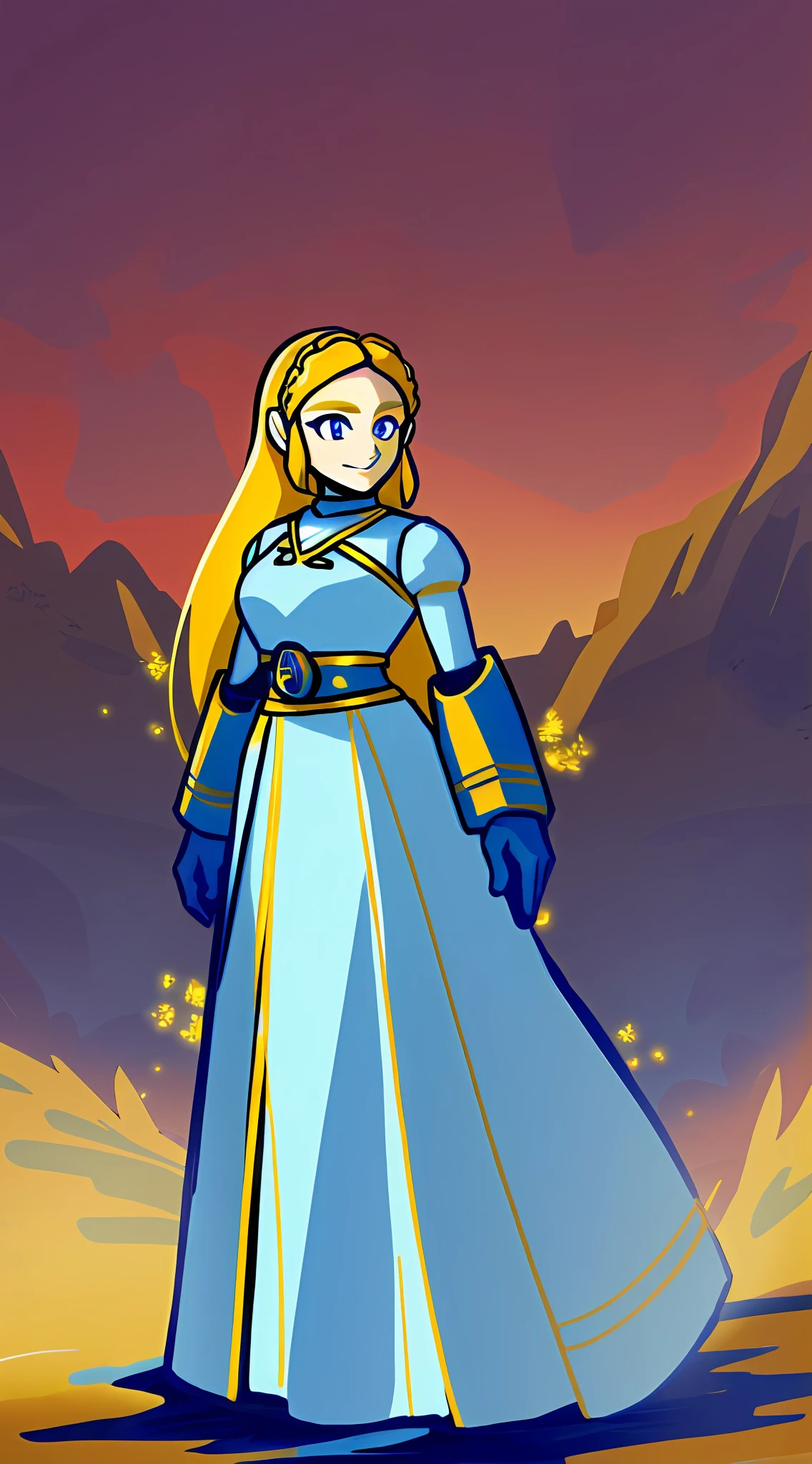 1Girl, Princess Zelda wearing Heavy Blue white and gold Knight Armor, heavy mech armor, cyber armor blue and white, gold belt, heavy blue white dress, long hair, long tapered blue dress with gold and white highlights, princess armor, long flowing white dress with blue highlights and gold waist belt, blue mechsuit, looking at viewer at eye-level, full-body, forest background, forest background with large mountains, heavy armored white gold and blue dress, looking at viewer with closed smirk