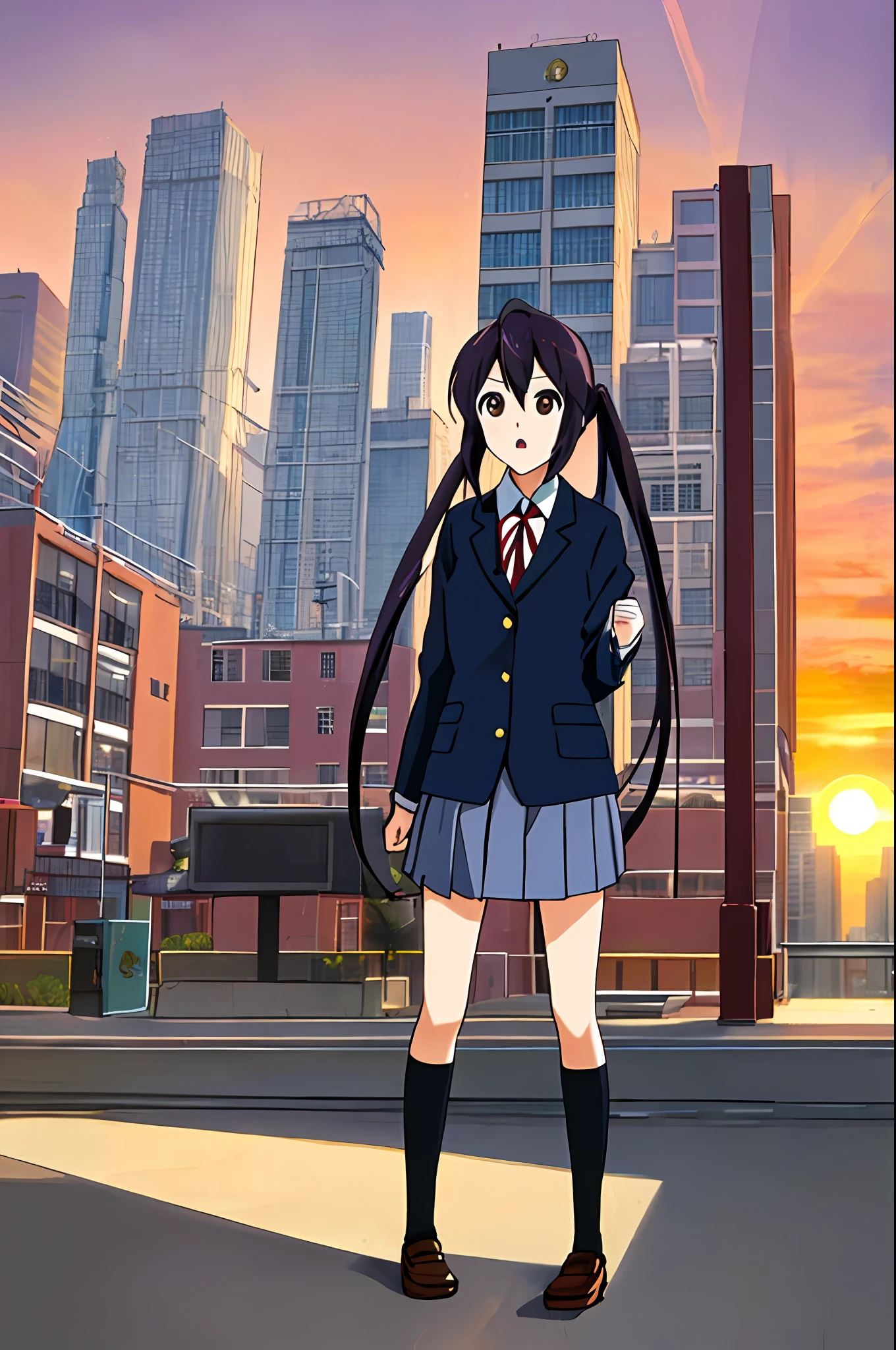 1girl, (((masterpiece))), top-quality, top-quality, High Details, nakano azusa, 1girl, Sakuragaoka High School Uniform, musical instrument, student clothes, Twin-tailed, length hair, A dark-haired, brown-eyed, 独奏, reddish, Dark blue blazer with thin red ribbon, Solid white buttoned shirt under blazer, illustratio, comic strip, soothing tones, Subdued Color, Soft cinematic light, adobe lightroom, photolab, HDR, intricately and hyper-detailed、(((depth of fields))))。(((masterpiece)))。(((top-quality))).)((ultra-detailliert)))。(((illustratio)))。(((fighting stance))).,(((Gigantic))).dynamic focus.(((Skyscrapers))).(((A city scape))).(((Despair face))). open mouth.(((evening glow))).(((the setting sun))).(((Clench your fists))).(((up chest))).(((Medium chest))).