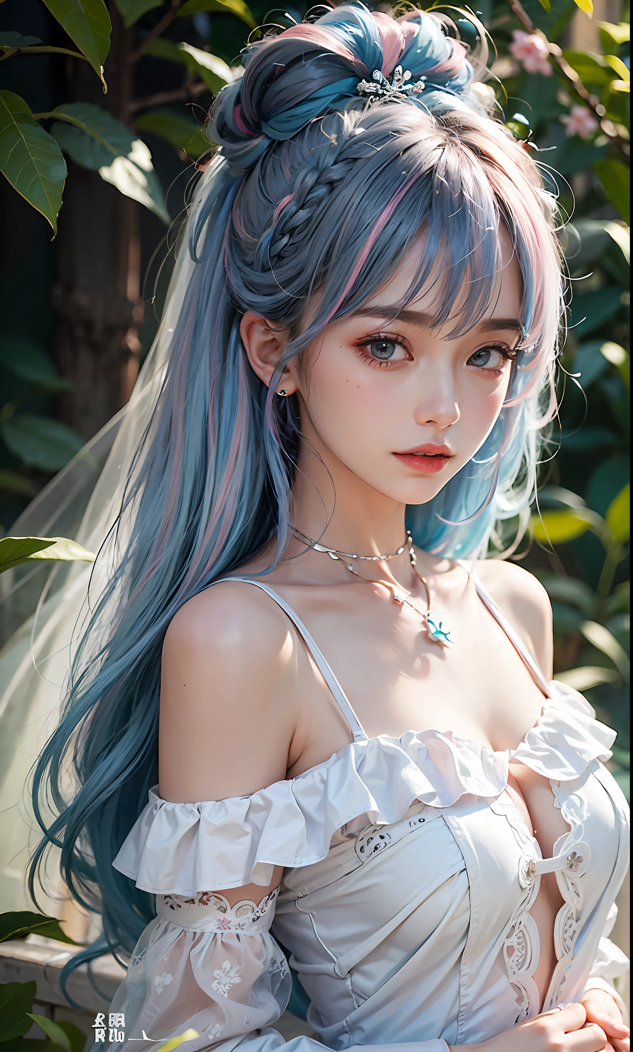 24 years old female model，a matural female，blue pink hair，Off-the-shoulder pure white dress fabric，Particularly bright light，Fairy hairstyle，Cover your chest with your left hand