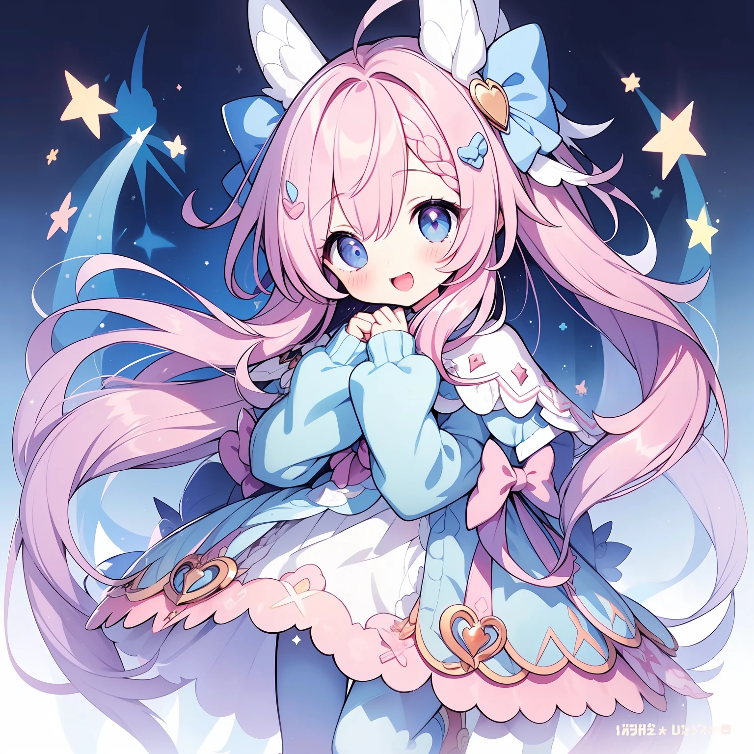 1girll, Animal ears, Pink hair, Long hair, Rabbit, Open mouth, Smile, Rabbit ears, bow, Solo, White background, dress, Pantyhose, the wall, Blue eyes, view the viewer, :D, full body, Simple background, nail polish, streaked, Holding, Arm raised, Say goodbye to hair accessories, Hairstyles, Long sleeves, Puffy sleeves, Watercolor shoes, shoes, Blue footwear, Jumps, Animal, Blush, argyle, Star (symbol), holding wand, Very long hair, ribbon,