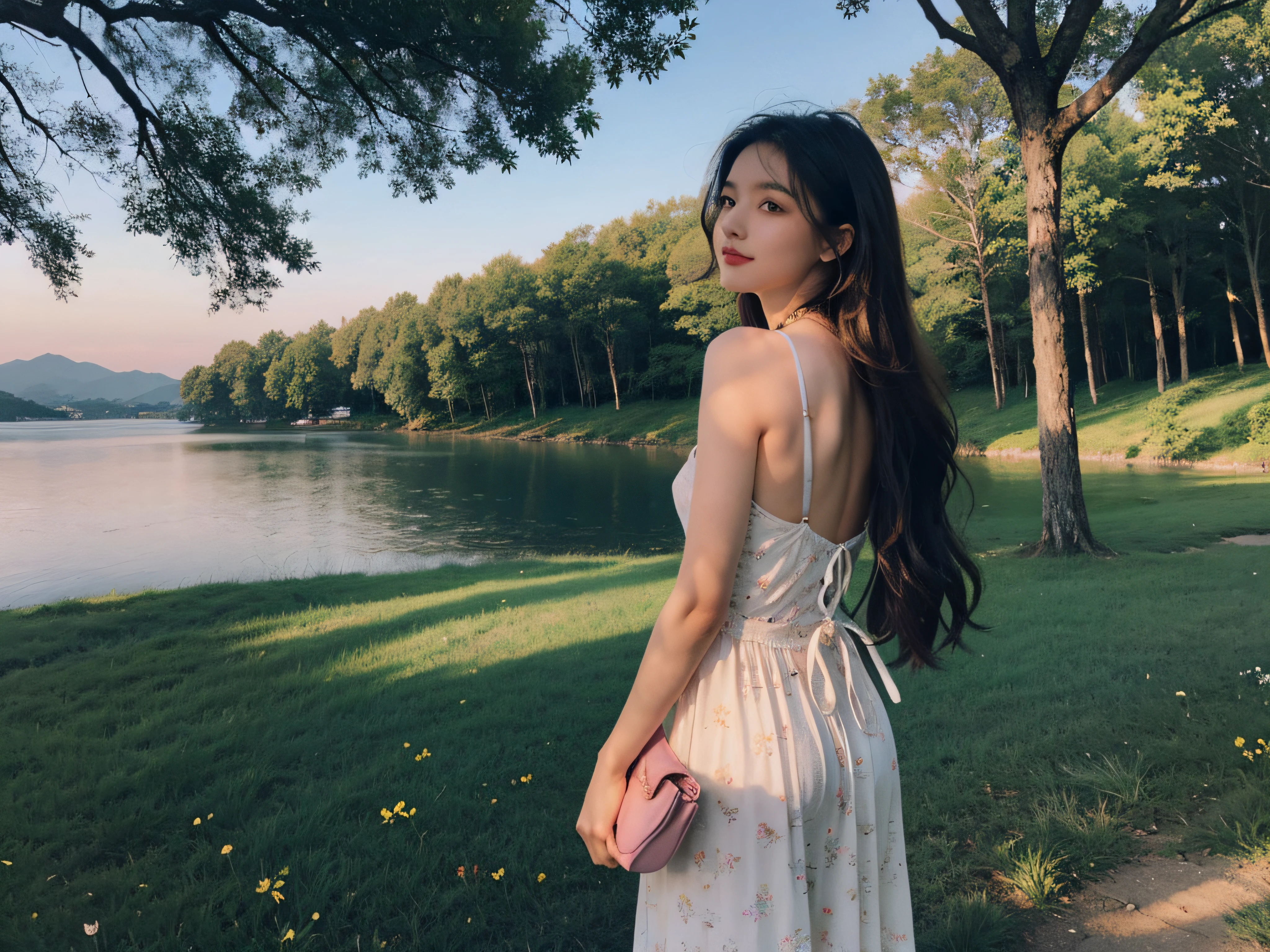 A stunning young woman stands gracefully at the edge of the serene lake, silhouetted against the mesmerizing sunrise. Her flowing, pastel-colored dress mirrors the soft hues of the sky, draping elegantly around her like a gentle breeze. Delicate floral patterns adorn the dress, adding a touch of natural beauty that blends seamlessly with the landscape.

Her hair cascades in loose waves down her back, kissed by the first rays of the morning sun, creating a golden halo around her. A single flower, freshly picked from the nearby meadow, is tucked gently behind her ear, further enhancing her radiant appearance.

Her deep, soulful eyes reflect the hues of the rising sun, carrying a sense of wonder and tranquility. As she gazes out across the calm waters, a gentle smile graces her lips, capturing the essence of the tranquil moment.

A dainty necklace adorned with a small seashell rests gracefully around her neck, a subtle nod to the coastal setting. Her hands lightly clasp a small notebook and a paintbrush, as if inspired by the breathtaking landscape, ready to capture the moment on paper.

Despite the ethereal setting, she exudes a grounded and natural beauty, embodying the serenity of the morning and the harmony of the scene around her.

This captivating young woman becomes a living part of the breathtaking scenery, a true embodiment of the enchanting Day 1 theme of the outdoor adventure.