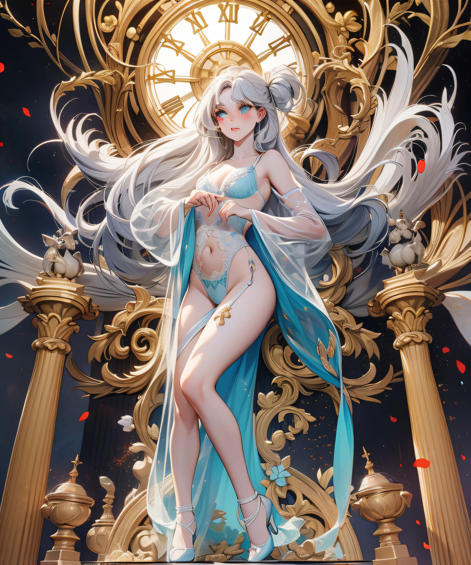 full body, 1 Marble statue of a young girl, front opening, spats (see-through lingerie:1.3), (blushed:1.0), look of contempt,living statue, exposed small breasts, visible pubic hair, view from below, floating antique clock, lamps and lanterns, temple with greek columns, ocean in the distance, dark stormy sky, 1 beautiful caucasian girl carved in marble, fantasy and mystery, fog, 1 beautiful girl in the foreground,golden eyes, golden and silver hair, very long golden and silver hair, crimson lips, marble skin with reflections, statue, sexy pose, provocative pose, full body,Reloj antiguo flotante, Antique lamp, salpicar,pose seductora, Pubic Hair Visible, senos visibles,