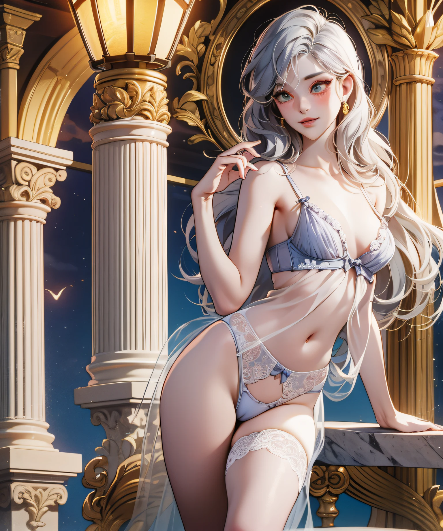 full body, 1 Marble statue of a young girl, front opening, spats (see-through lingerie:1.3), (blushed:1.0), look of contempt,living statue, exposed small breasts, visible pubic hair, view from below, floating antique clock, lamps and lanterns, temple with greek columns, ocean in the distance, dark stormy sky, 1 beautiful caucasian girl carved in marble, fantasy and mystery, fog, 1 beautiful girl in the foreground,golden eyes, golden and silver hair, very long golden and silver hair, crimson lips, marble skin with reflections, statue, sexy pose, provocative pose, full body,Reloj antiguo flotante, Antique lamp, salpicar,pose seductora, Pubic Hair Visible, senos visibles,