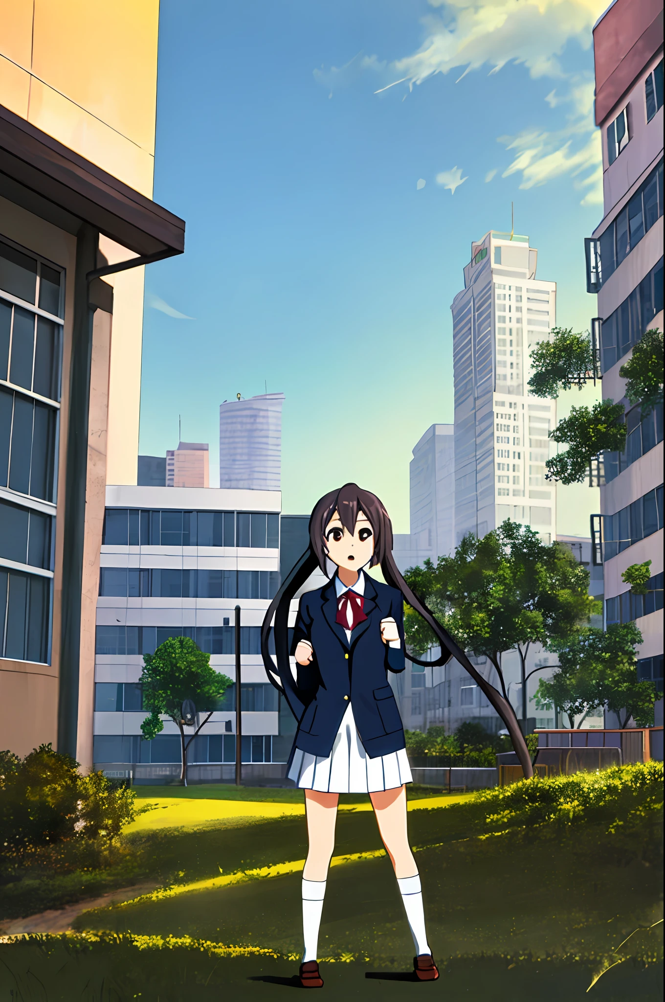 1girl, (((masterpiece))), top-quality, top-quality, High Details, nakano azusa, 1girl, Sakuragaoka High School Uniform, musical instrument, student clothes, Twin-tailed, length hair, A dark-haired, brown-eyed, 独奏, reddish, Dark blue blazer with thin red ribbon, Solid white buttoned shirt under blazer, illustratio, comic strip, soothing tones, Subdued Color, Soft cinematic light, adobe lightroom, photolab, HDR, intricately and hyper-detailed、(((depth of fields))))。(((masterpiece)))。(((top-quality))).)((ultra-detailliert)))。(((illustratio)))。(((fighting stance))).,(((Gigantic))).dynamic focus.(((Skyscrapers))).(((A city scape))).(((Despair face))). open mouth.(((evening glow))).(((the setting sun))).(((Clench your fists))).(((up chest))).(((Medium chest))).