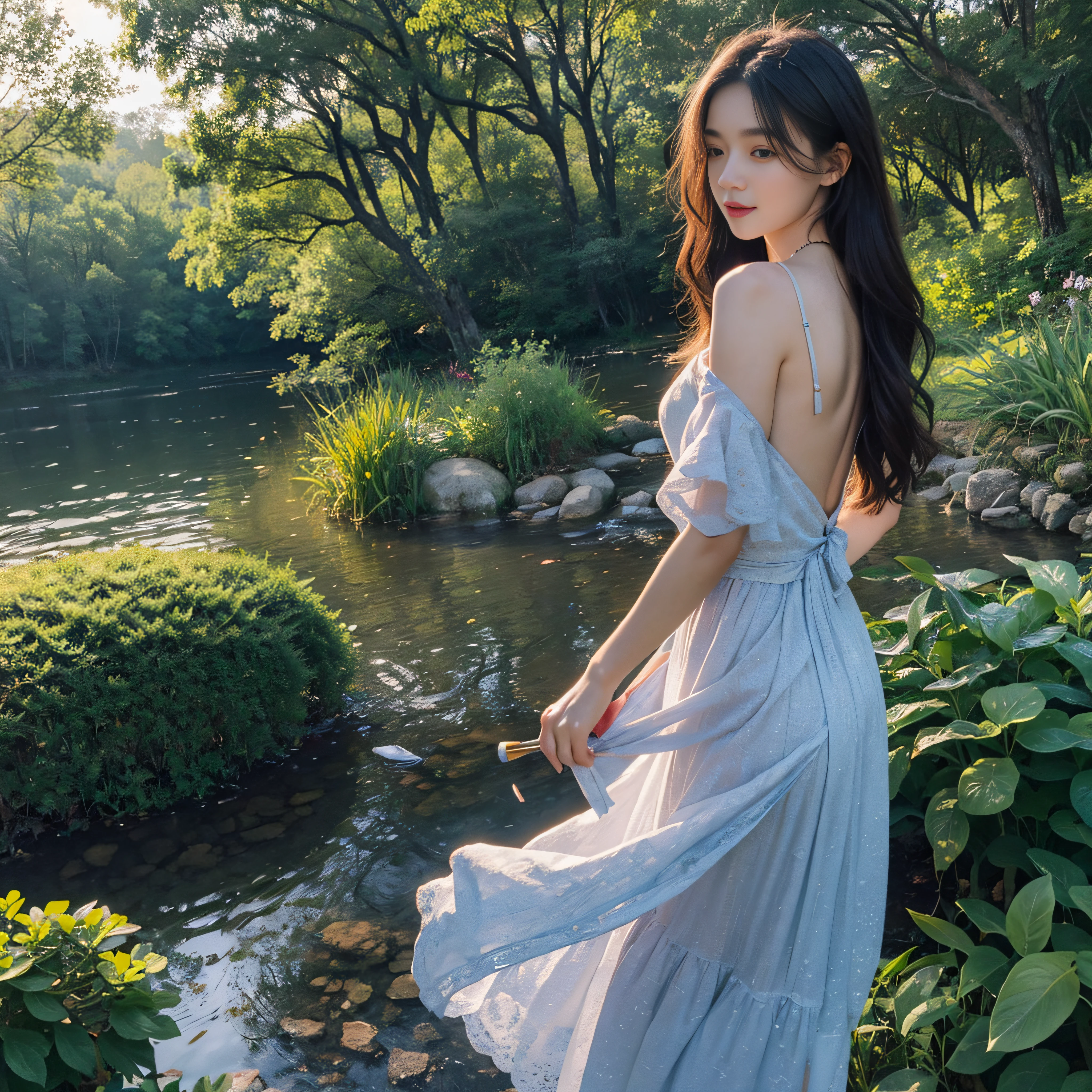 A stunning young woman stands gracefully at the edge of the serene lake, silhouetted against the mesmerizing sunrise. Her flowing, pastel-colored dress mirrors the soft hues of the sky, draping elegantly around her like a gentle breeze. Delicate floral patterns adorn the dress, adding a touch of natural beauty that blends seamlessly with the landscape.
Her hair cascades in loose waves down her back, kissed by the first rays of the morning sun, creating a golden halo around her. A single flower, freshly picked from the nearby meadow, is tucked gently behind her ear, further enhancing her radiant appearance.
Her deep, soulful eyes reflect the hues of the rising sun, carrying a sense of wonder and tranquility. As she gazes out across the calm waters, a gentle smile graces her lips, capturing the essence of the tranquil moment.
A dainty necklace adorned with a small seashell rests gracefully around her neck, a subtle nod to the coastal setting. Her hands lightly clasp a small notebook and a paintbrush, as if inspired by the breathtaking landscape, ready to capture the moment on paper.
Despite the ethereal setting, she exudes a grounded and natural beauty, embodying the serenity of the morning and the harmony of the scene around her.
This captivating young woman becomes a living part of the breathtaking scenery, a true embodiment of the enchanting Day 1 theme of the outdoor adventure.