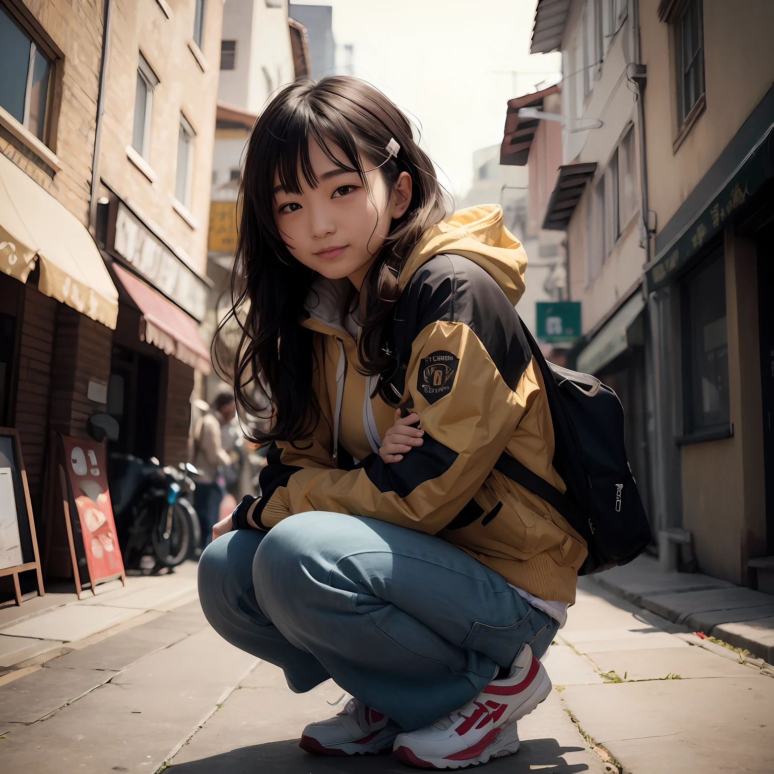Woman kneeling on the ground on city street, Real life women, Squatting, wearing japanese techwear , Photorealsitic, Casual pose, A charming、(realisitic、Photorealsitic:1.37)、(8K、Raw photography、top-quality、masterpiece:1.2)、ultra-detailliert、physically-based renderingt、超A high resolution、Kodak Vision Color、Captured with an Arricam LT camera、bokeh dof、foco nítido、 looking at viewerer、Photorealsitic、realisitic、独奏、top-quality、extra detailed face、extremely detailed eye and face、beatiful detailed eyes、absurderes、incredibly absurdness、haunting smile、hair messy、Floating hair、 real、28 year old、Business suits