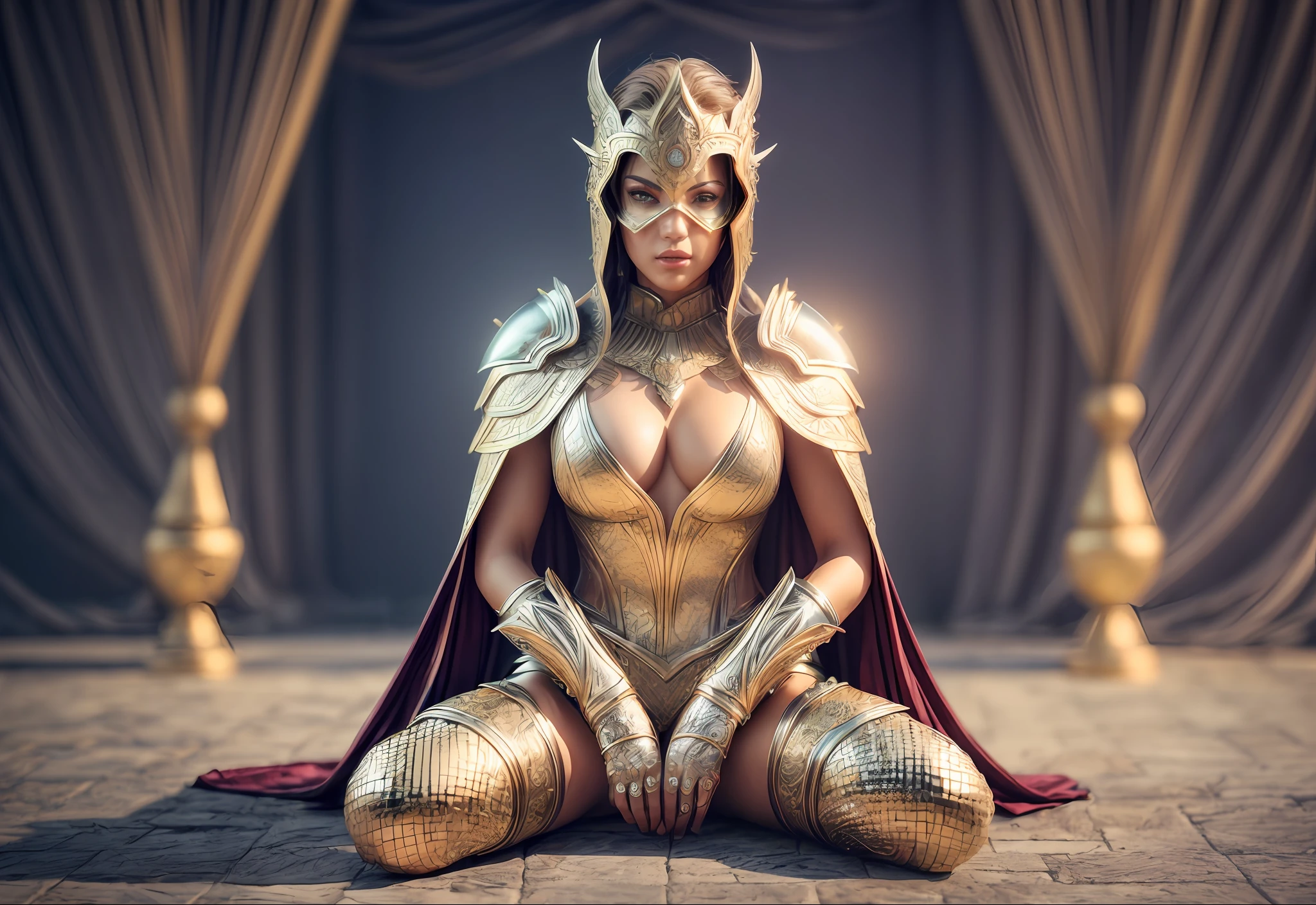 Epic battle scene, Female spartan warrior wearing intricate battle armored made out of Diamonds, burgundy Cape, armour pants, armour long sleeve top, with a golden oni mask, she's welding two swords, kneeling in one knee with both arms stretched out on either side of her body with her head up looking like a Superhero pose, shallow depth of field, cinematic light, soft light (RAW, analogue, Nikon Z 14mm ultra-wide angle lens, award-winning glamour photograph, ((best quality)), ((masterpiece)), ((realistic)), tessellation, ambient occlusion, ray-tracing, subsurface scattering, radiant light rays, high-res, detailed facial features, high detail, sharp focus, smooth, aesthetic, extremely detailed, (extremely detailed eyes, extremely detailed iris), extremely detailed hair, extremely detailed skin, extremely detailed clothes, octane render, photorealistic, realistic, post-processing, max detail, realistic shadows, roughness, natural skin texture, real life, ultra-realistic, photorealism, photography, 8k UHD, photography, hdr, intricate, elegant, highly detailed, sharp focus, stunning, beautiful, gorgeous), 8k, intricate, elegant, highly detailed, majestic, digital photography, (masterpiece, sidelighting, finely detailed beautiful eyes: 1.2), HDR, wide angle camera, full portrait, full body