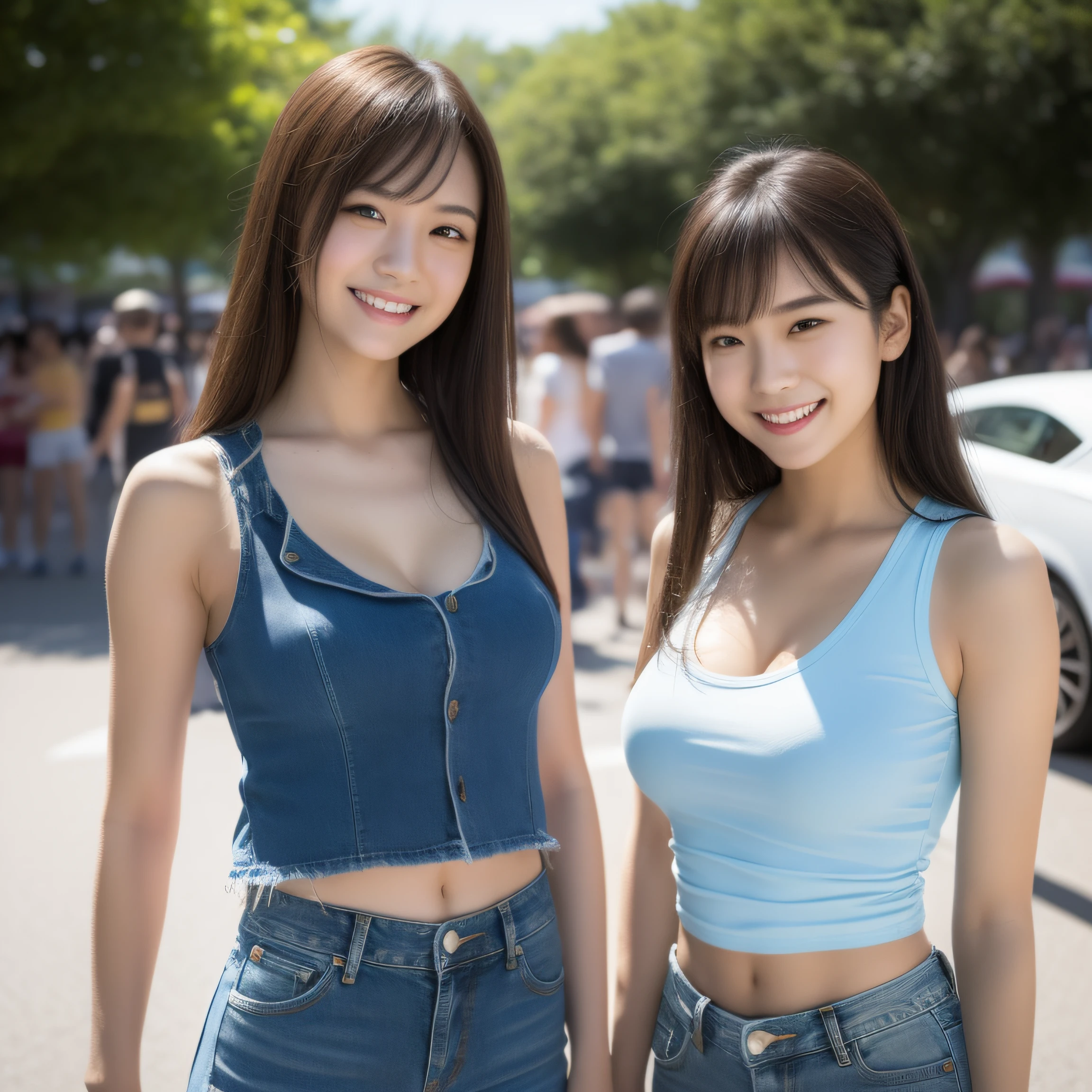 ultra-detailed, 1 girl, Asian, athletic body, realistic skin texture, long hair, (breasts:1.1), smile, gaze at viewer, cropped T-shirt, skinny T-shirt, tight tank top, denim hot pants shorts, movie lighting, face focus, fine eyes, detailed face, well lit face, sunny day, theme park in background