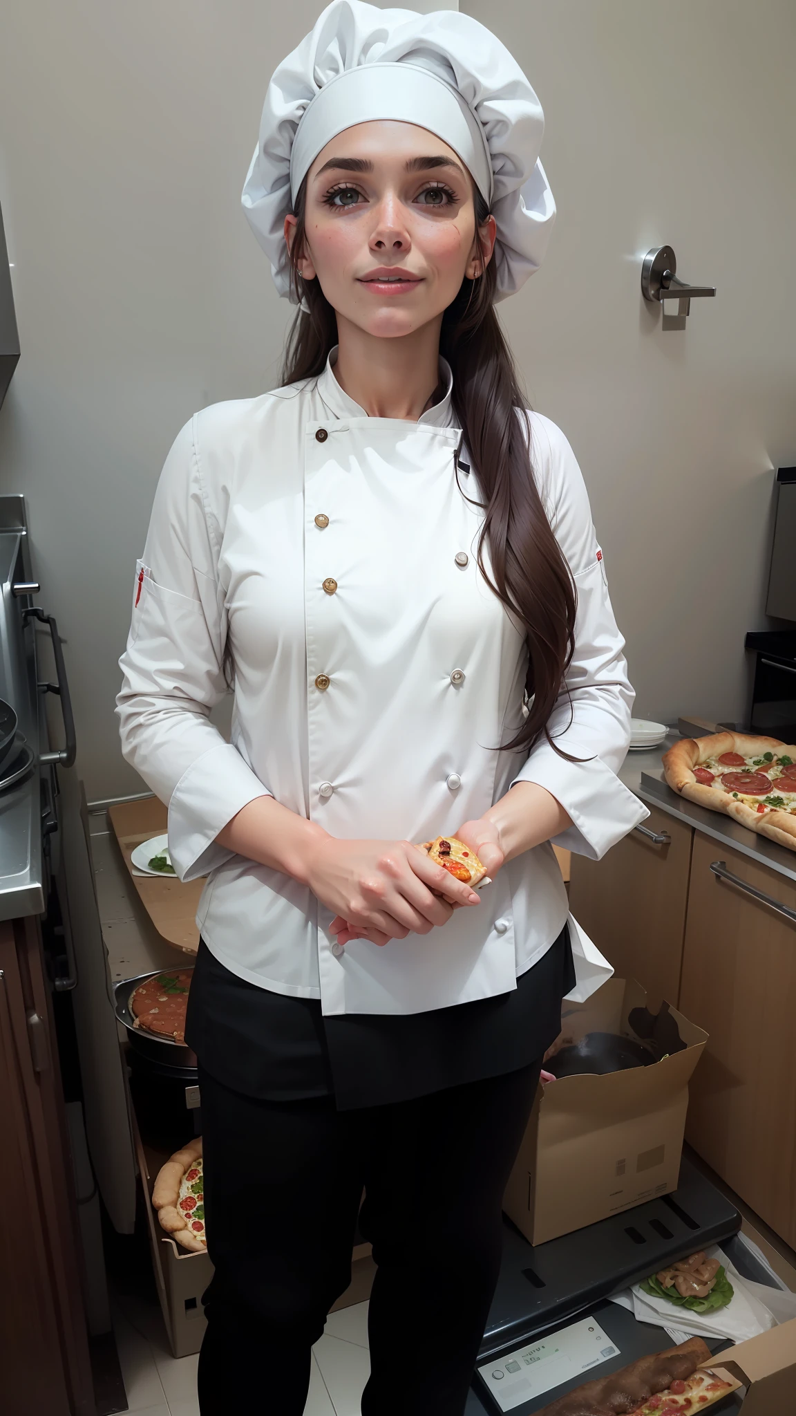 There's a woman standing in a kitchen wearing a chef's hat, White dolman, Like a pizzeria chef with a slight smile on his face with his hands folded.