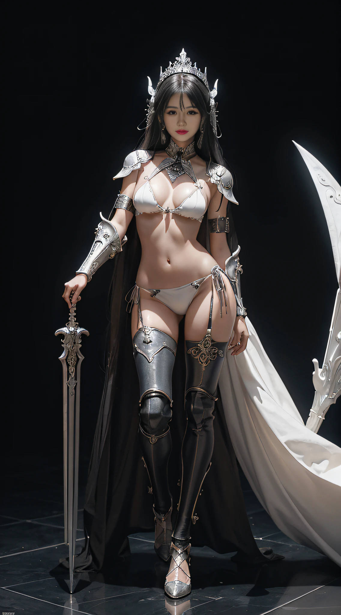 Close-up of a woman in white bikini and armor，Long flowing black hair，Inspired by Du Zhong's cyberpunk art，Trend of CGsociety，Fantasy art，Armor Girl，wearing witchblade armor，bikini armor female knight，ornate bikini armor，IG model|Art germ，[trending on CGSociety]!!，Gorgeous Role Play，Anime figure；Full-body art，Dark gray simple background，Mechanical headdress，3/4. Full body photo，8K --auto