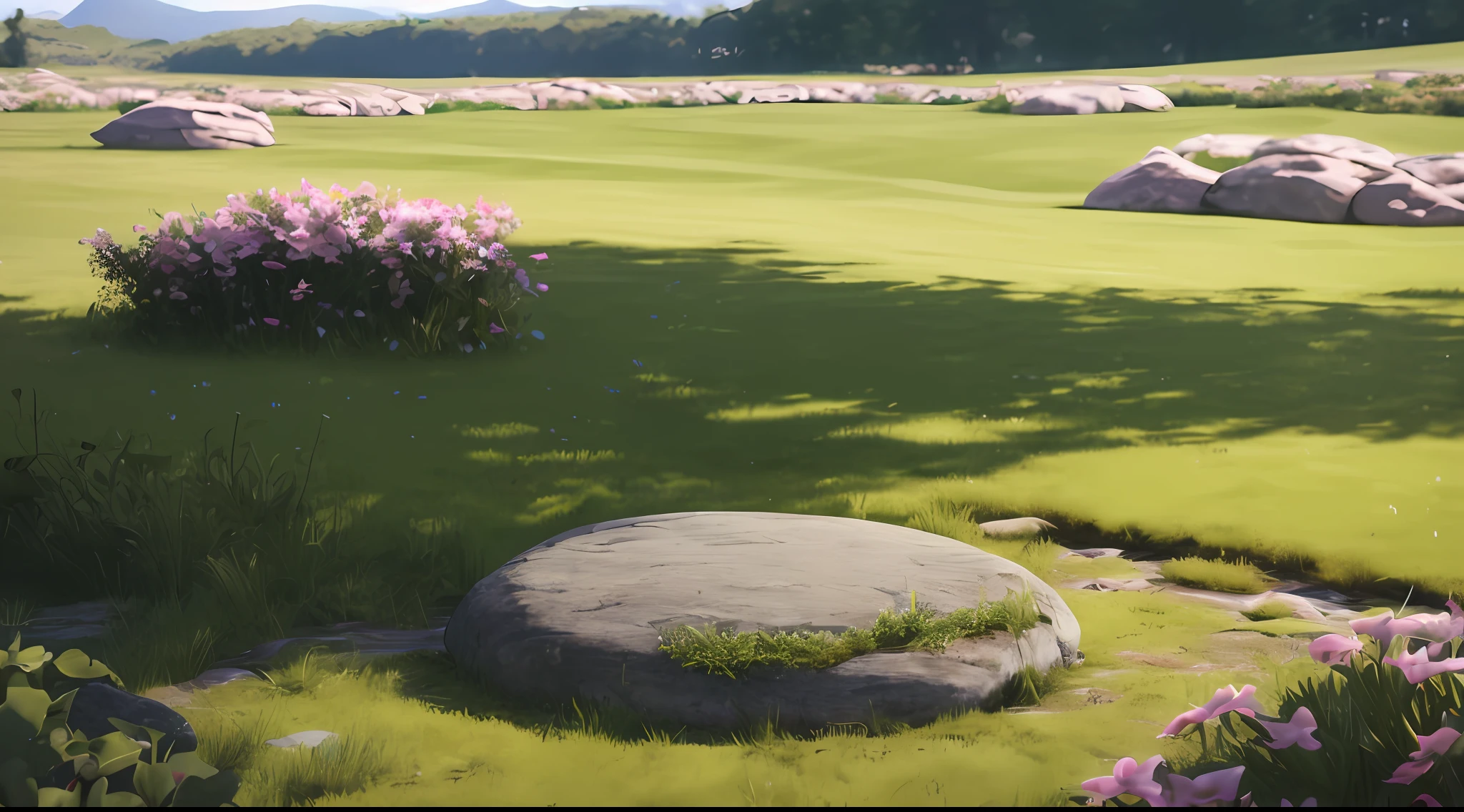 There is a large stone in the middle of the meadow, beautiful landscape rendering, realistic scene, Realistic garden, photorealistic landscapes, 3 d virtual landscape painting, highly realistic unreal engine, natural realistic render, highly detailed environments, 3 d stylize scene, hyper-realistic environment, highly detailed texture render, rendered in cryengine, Realistic landscape