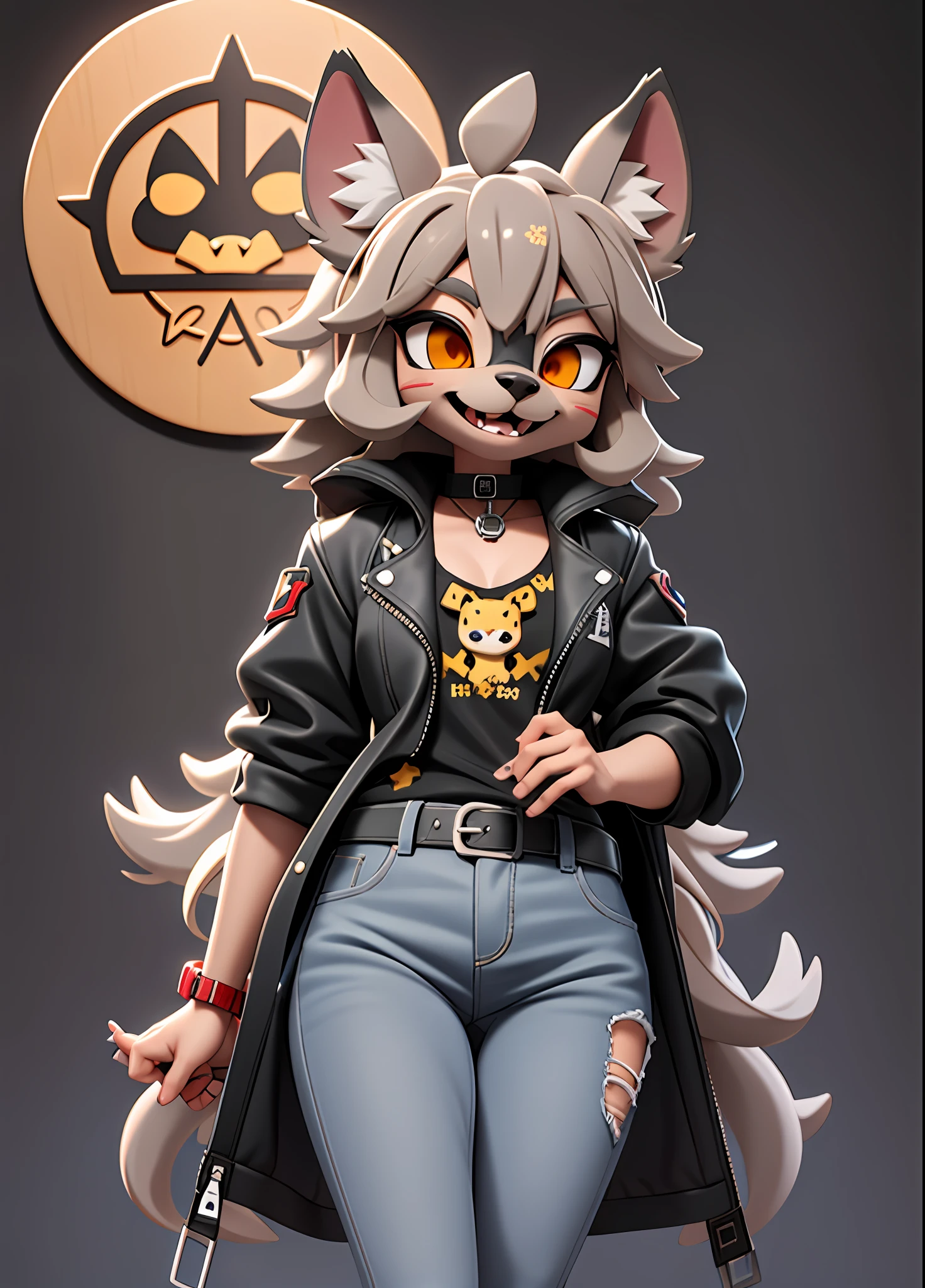 Hyena anthropomorphic, kawaii style, grey fur with brown spots, brown mane, black angel wings, dressed in grey jeans and black leather jacket with red, Angel of destruction, Masterpiece, Best Quality