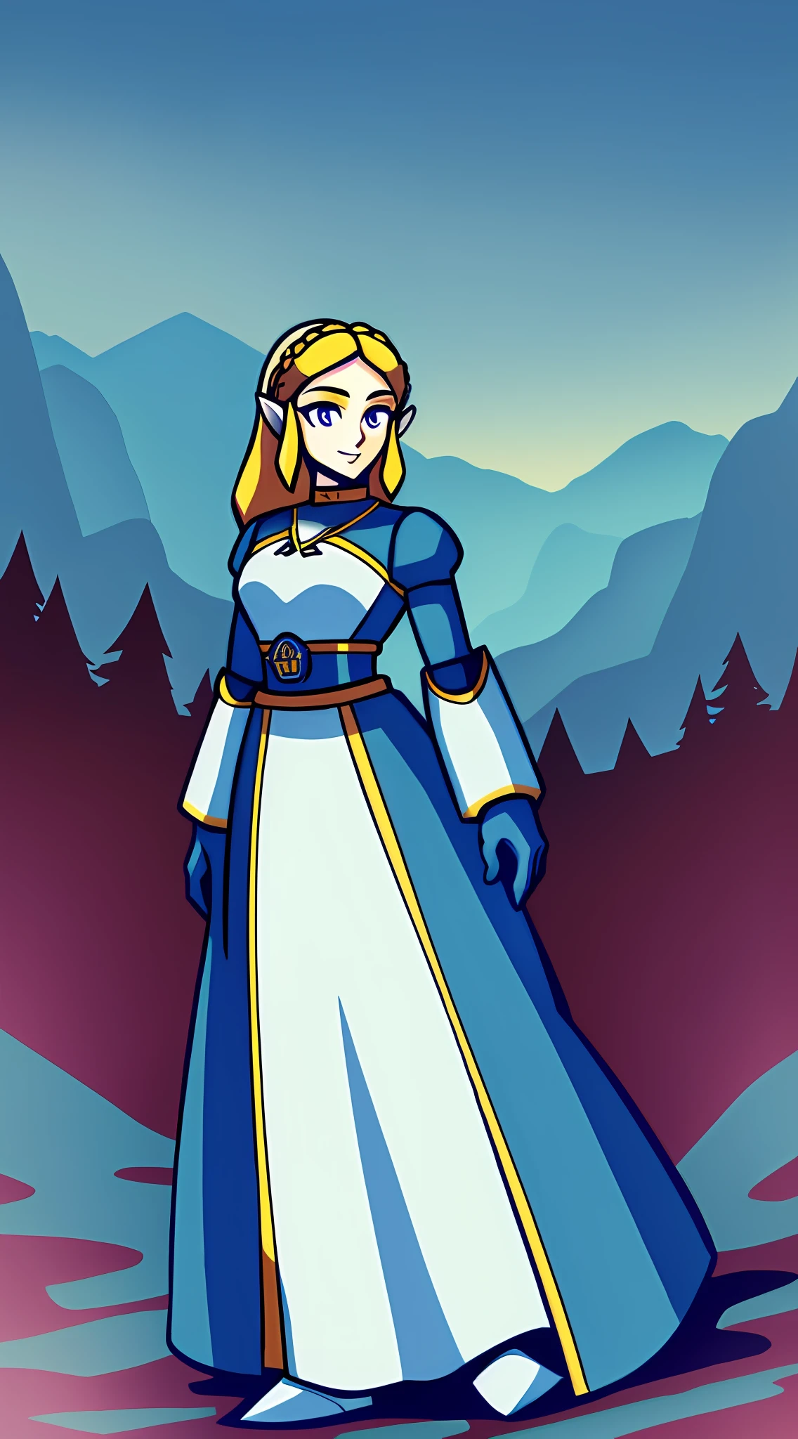 1Girl, Princess Zelda wearing Heavy Blue white and gold Knight Armor, heavy mech armor, cyber armor blue and white, gold belt, heavy blue white dress, long hair, long tapered blue dress with gold and white highlights, princess armor, long flowing white dress with blue highlights and gold waist belt, blue mechsuit, looking at viewer at eye-level, full-body, forest background, forest background with large mountains, heavy armored white gold and blue dress, looking at viewer with closed smirk