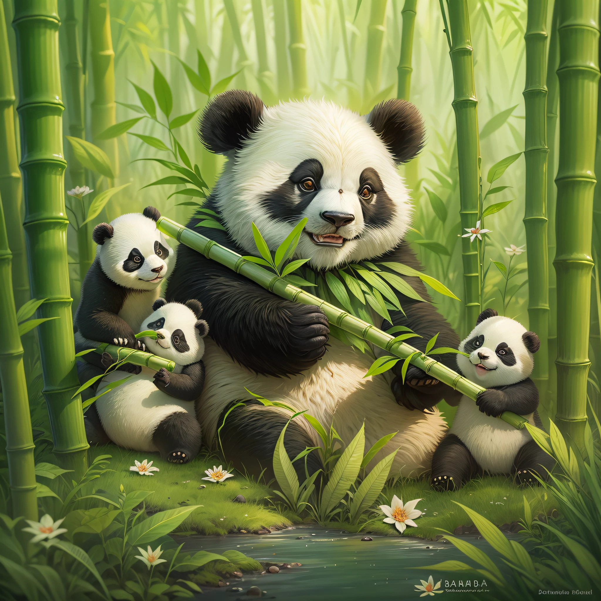 An image depicting a girl sharing bamboo with a group of adorable pandas. A cena se passa em uma floresta de bambu, onde a menina e os pandas interagem com delicadeza e deleite. The image embodies a sense of harmony and conservation.