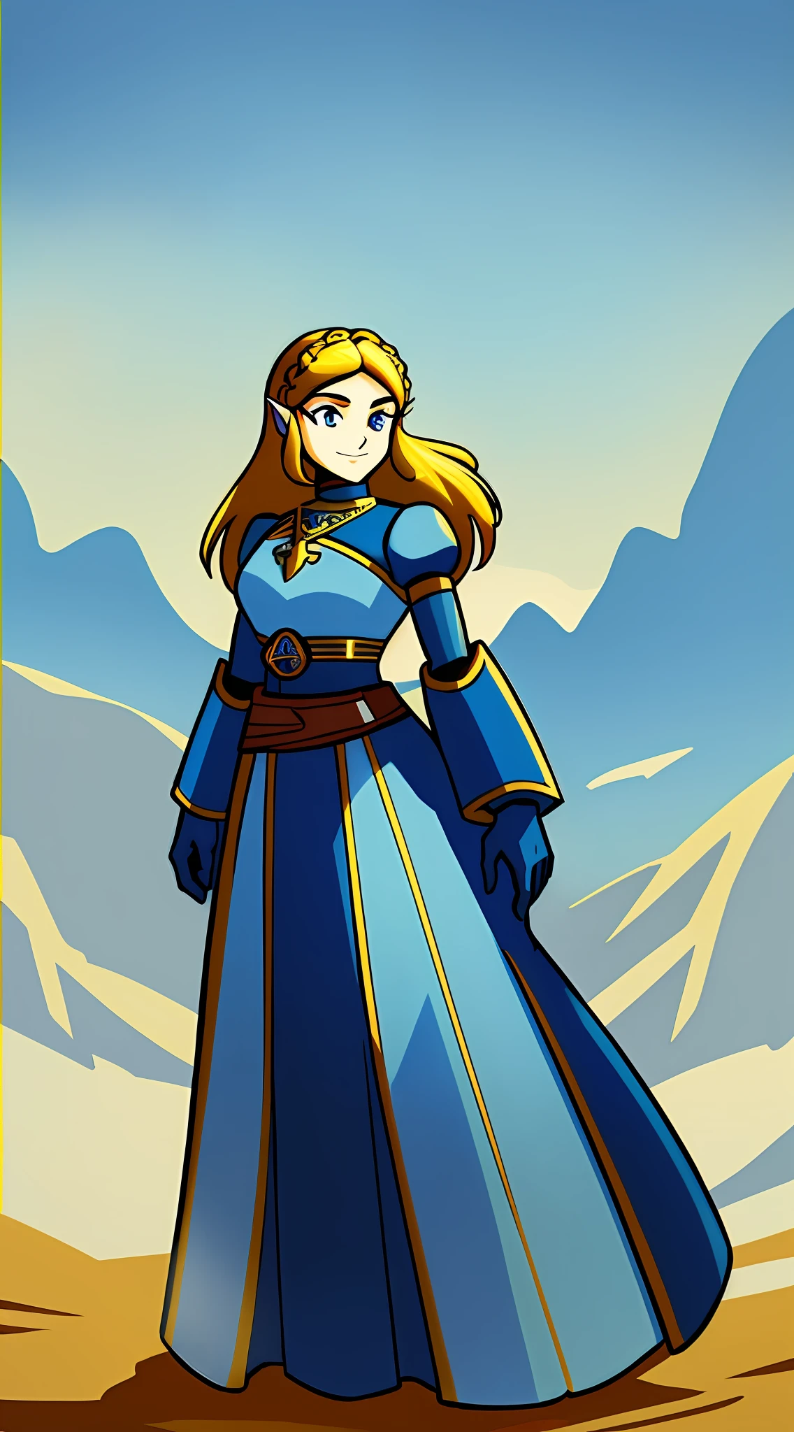 1Girl, Princess Zelda wearing Heavy Blue white and gold Knight Armor, heavy mech armor, cyber armor blue and white, gold belt, heavy blue white dress, long hair, long tapered blue dress with gold and white highlights, princess armor, long flowing white dress with blue highlights and gold waist belt, blue mechsuit, looking at viewer at eye-level, full-body, forest background, forest background with large mountains, heavy armored white gold and blue dress, looking at viewer with closed smirk