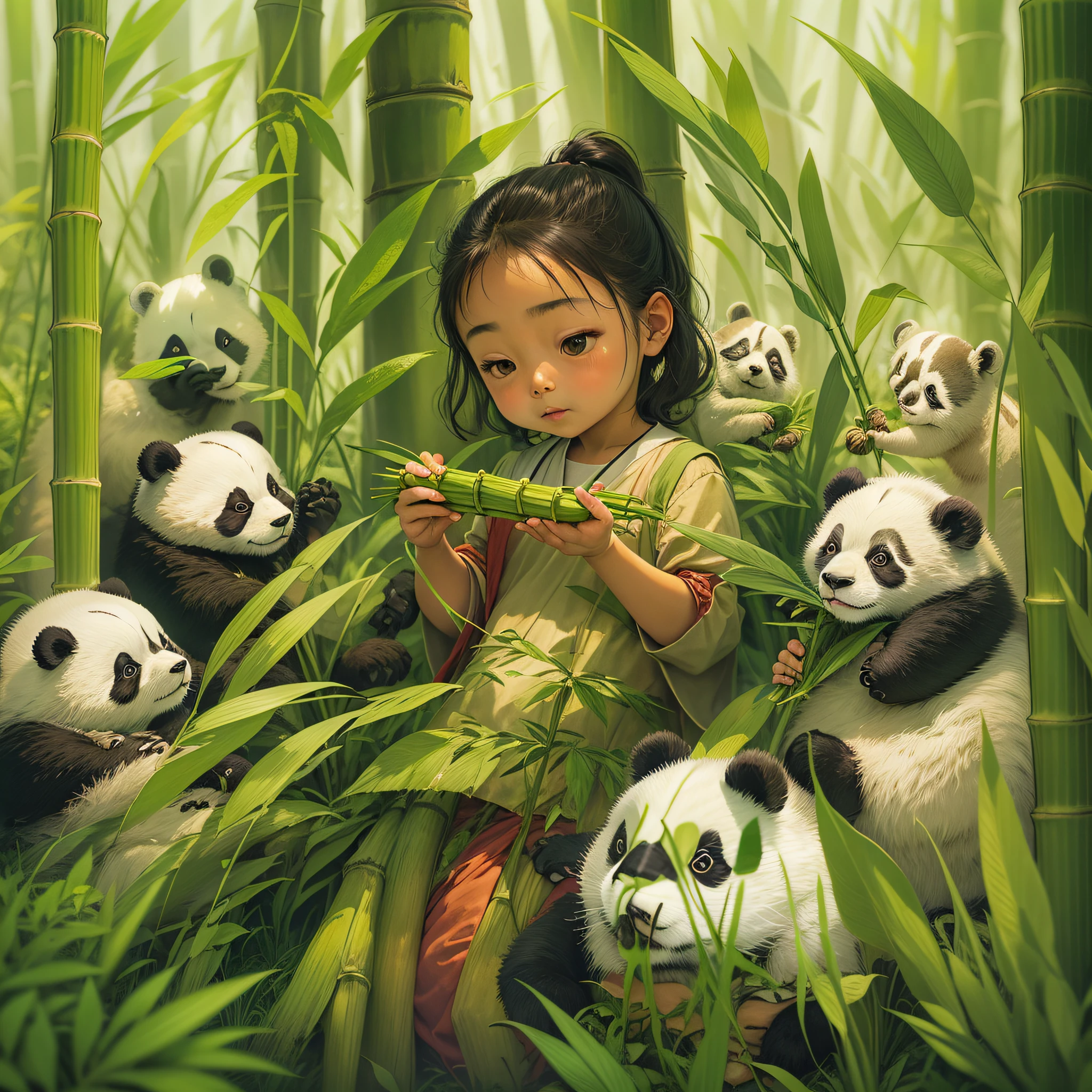 An image depicting a girl sharing bamboo with a group of adorable pandas. A cena se passa em uma floresta de bambu, onde a e os pandas interagem com delicadeza e deleite. The image embodies a sense of harmony and conservation.