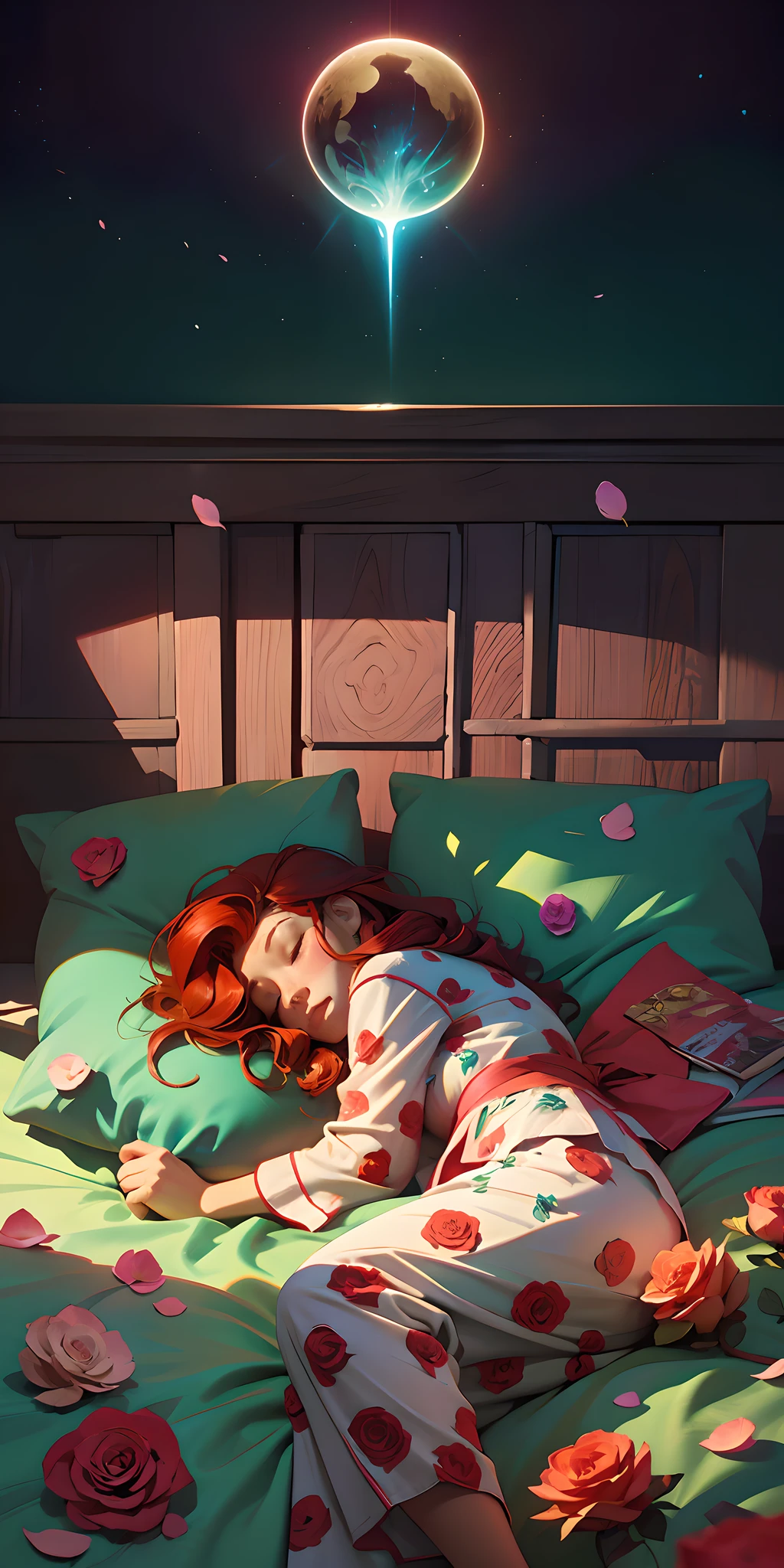 The Sleeping Woman, Realistic, She is dressed in pajamas, red hair color, parallax, Ultra Hyper Mega Contrast, sleeps on a chic bed, covered with rose petals, tmasterpiece, Winner of the photo contest, Beautiful lighting, Bioluminescence pollen in the air, Art Nova