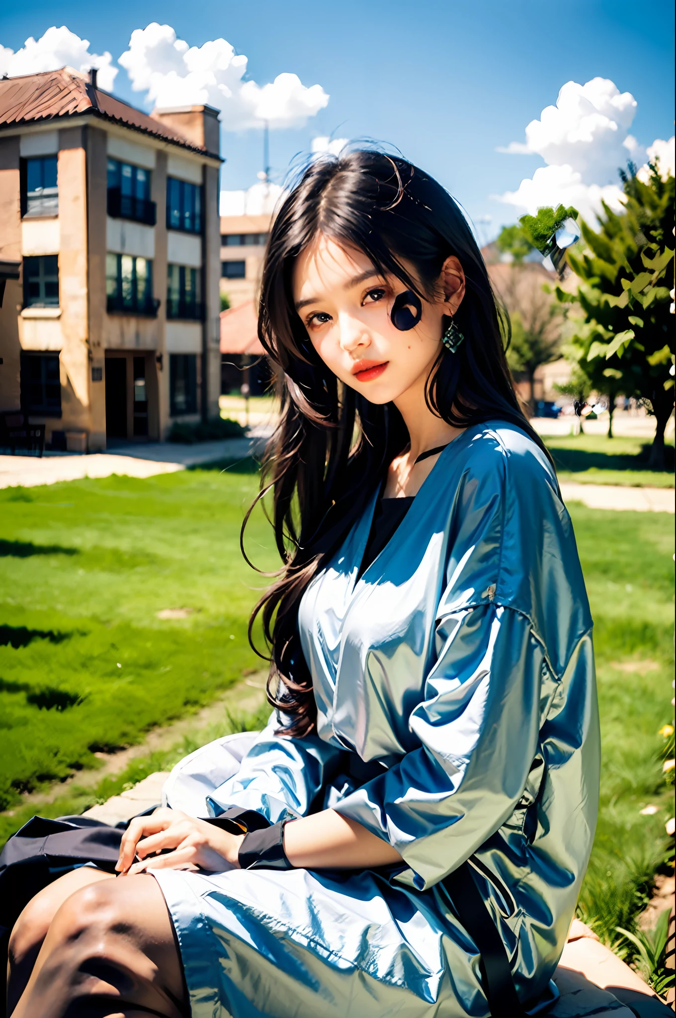 ((Best Quality, 8K, Masterpiece:1.3)), A beautiful girl, pure, melon face, gentle and cute, sweet smile, pure desire, thin figure, (frontal), (tilted head), looking directly at the camera, uniform, obi, formal, black silky long straight hair, long hair flowing over the shoulders, round black big eyes, clear big eyes, moist red lips, sweet, sitting on the side of the road, blue sky and white clouds, grass, buildings,