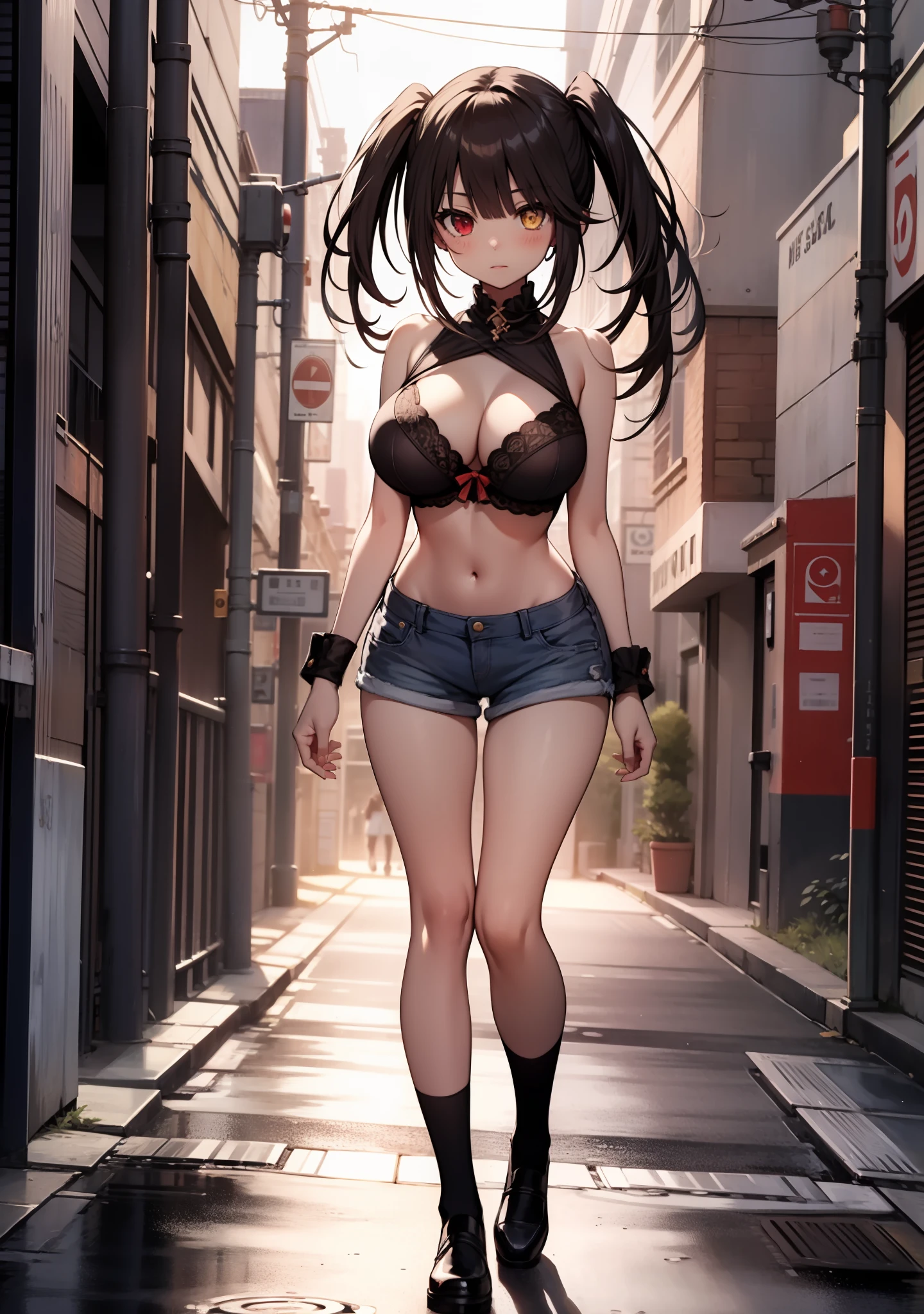 Masterpiece, high quality, best lighting, 1girl, ((tokisaki kurumi)), long hair, black hair, full body, mini bra, short bra, mini pants, short pants, monochrome, ((right red eye:1, left yellow eye:1)), low twintails, perfect body, ((big thigh)), ((big breast)), blush, looking at viewer, beautiful girl, cute, city, Indonesia