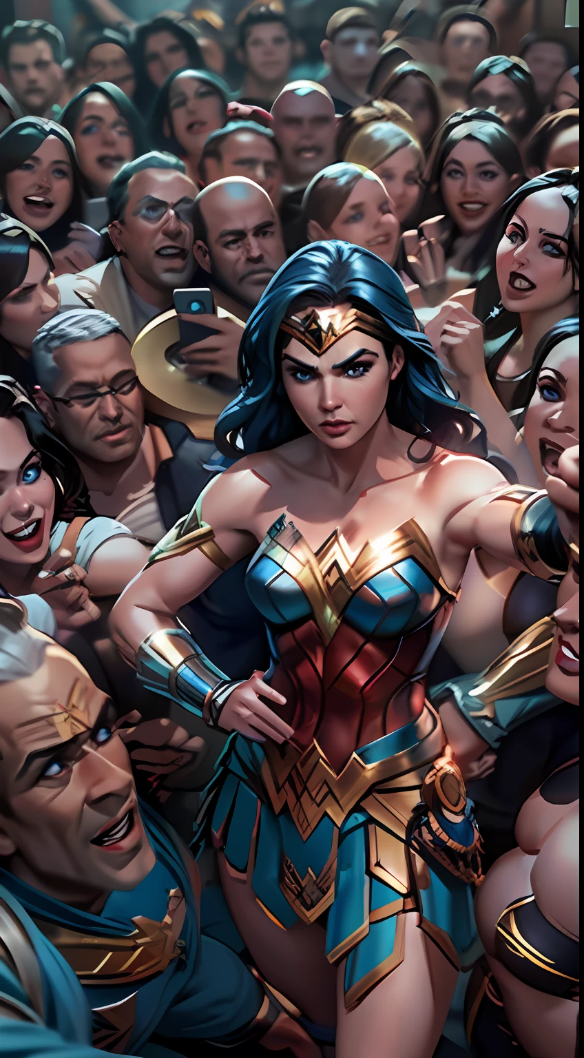 wonder woman selfie with fans. blue eyes, muscular, octane render, unreal engine, highly detailed, intricate