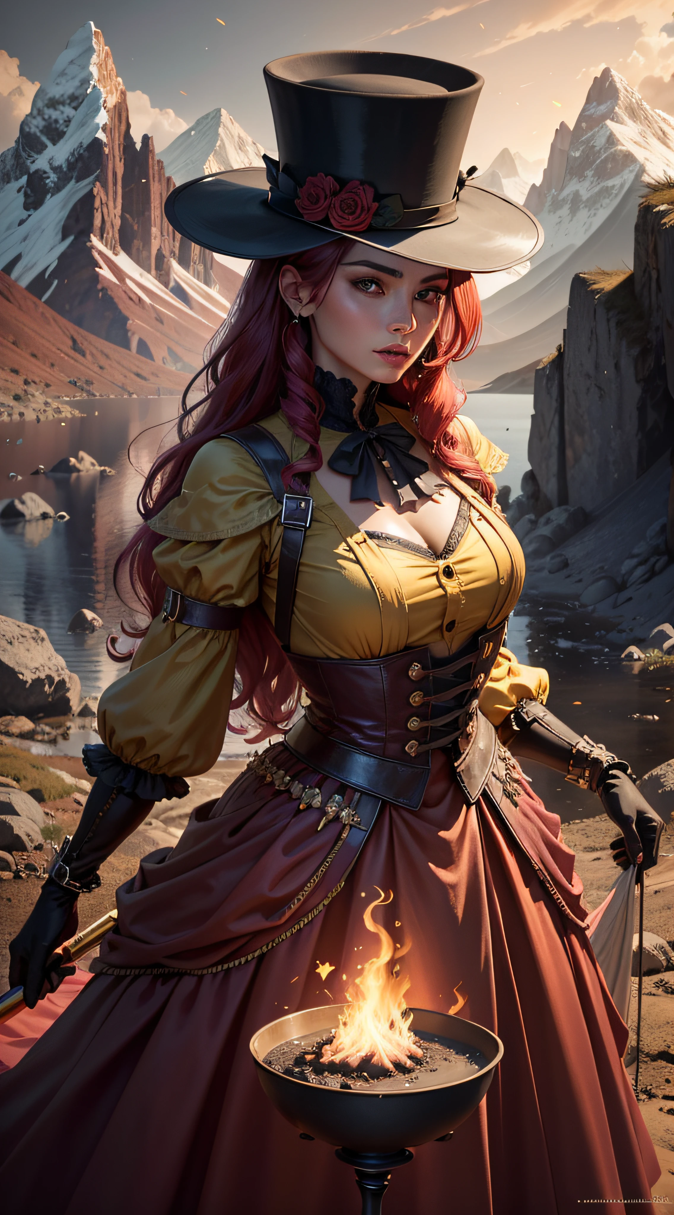 A man with red hair and a fancy top hat is holding a fire wash in his hands, candelabro, sombrio, man has a mystical gaze, the man is wearing an elegant yellow dress, vestido longo de gala amarelo, vestido amarelo, vestido cor do sol, The bottom is a big mountain and it's on fire, The mountain is on fire, ((melhor qualidade)), ((obra-prima)), (altamente detalhado:1.3), ......3d, HDR (high dynamic range), ampla aperature, 8k, bruto, Subpixel eficiente, sub-pixel convolution, luminescent particles, estilo wtrcolor, (rosa), Arte Oficial, soprado pelo vento, obra-prima, lindo, detalhes intrincados. grande detalhe, [pingando: 0,7], Trend after Artstation, Raquel Walker