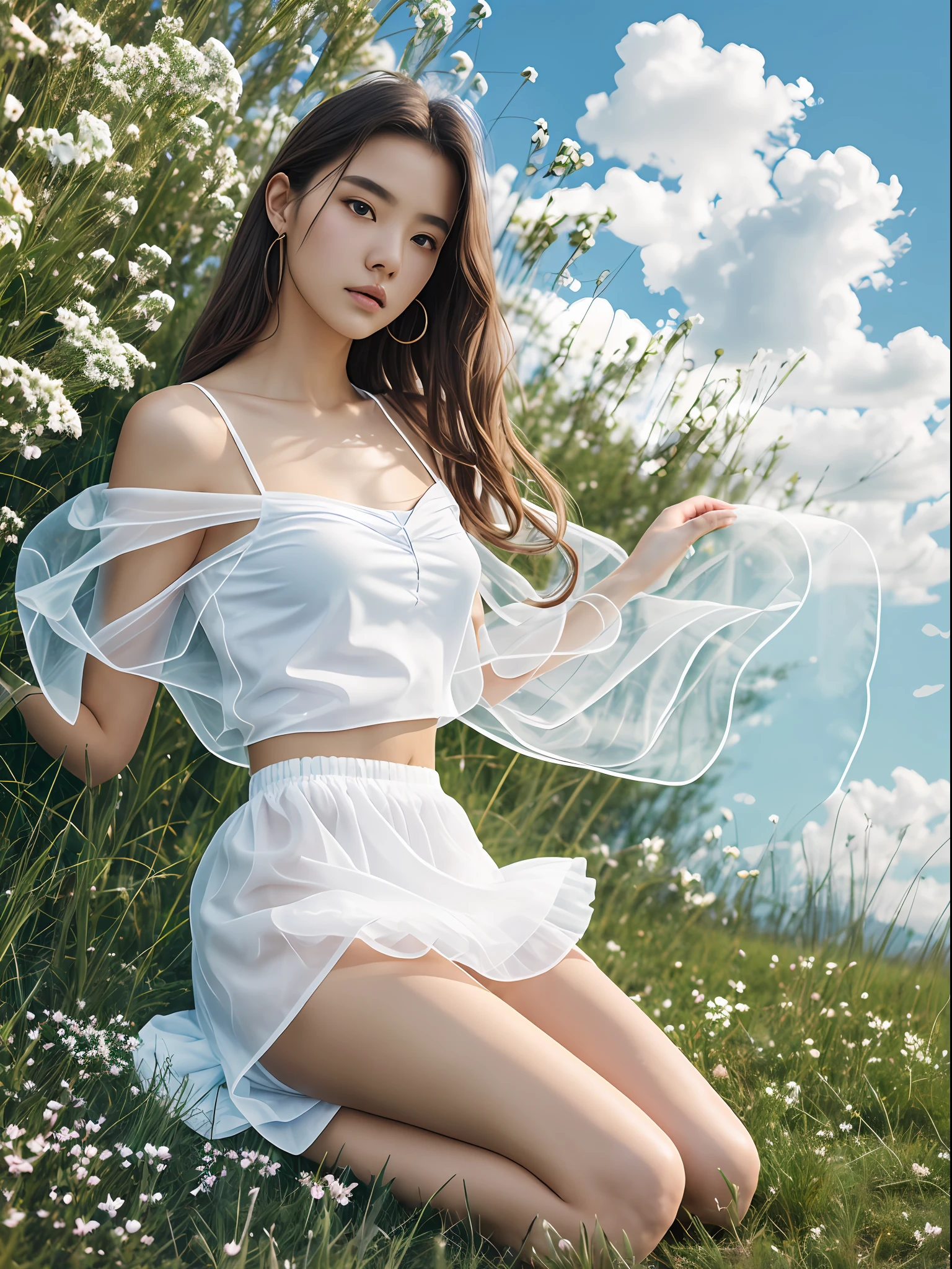 best qality,Jeizuo,super high resolution,(Realism:1.4),Blue sky and white clouds,A sea of green grass and flowers,Original photo,24-year-old sexy model,pretty face,Charming eyes,Slim figure,Long hair fluttering in the wind,White transparent gauze garment,White transparent skirt,Messy tops,Half-exposed chest,The shoulder straps slip off,Sexy legs,A skirt that flutters in the wind,Sit on the grass,Warm colors,Dark tones,A bottom-up perspective,incredibly detailed,Super detailed --auto --s2