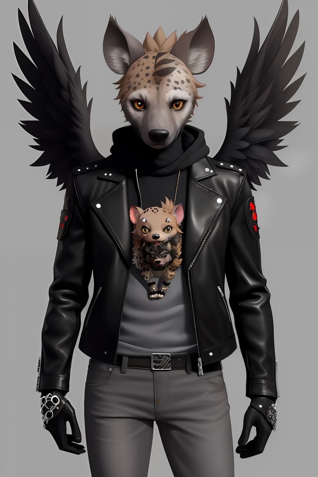 Hyena anthropomorphic, kawaii style, grey fur with brown spots, brown mane, black angel wings, dressed in grey jeans and black leather jacket with red, Angel of destruction, Masterpiece, Best Quality