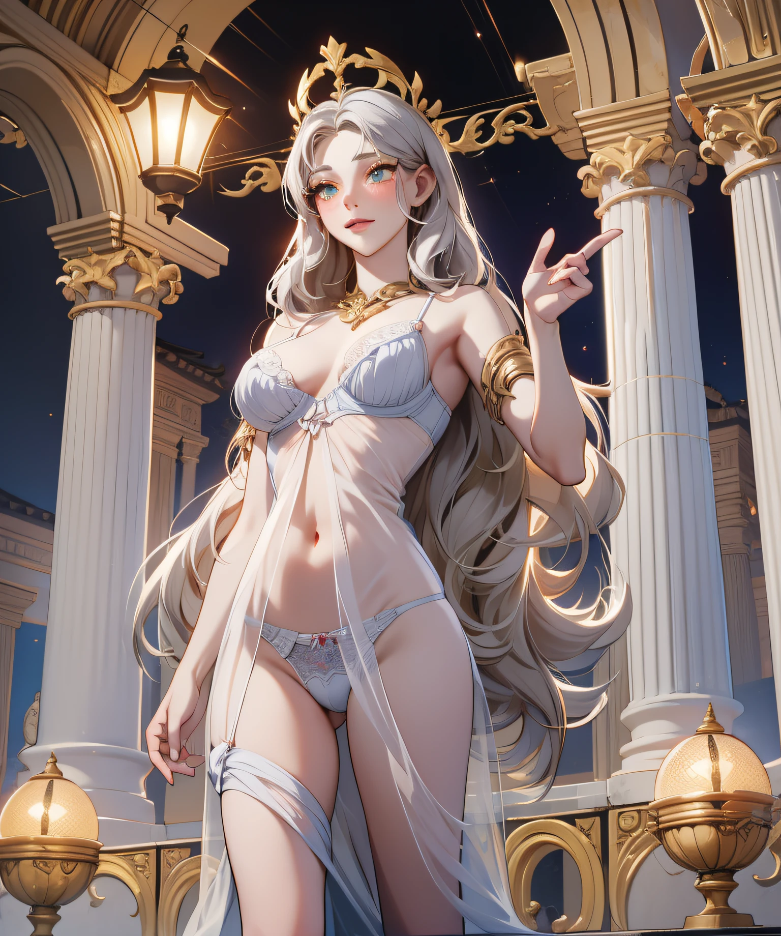 full body, 1 Marble statue of a young girl, front opening, spats (see-through lingerie:1.3), (blushed:1.0), look of contempt,living statue, exposed small breasts, visible pubic hair, view from below, floating antique clock, lamps and lanterns, temple with greek columns, ocean in the distance, dark stormy sky, 1 beautiful caucasian girl carved in marble, fantasy and mystery, fog, 1 beautiful girl in the foreground,golden eyes, golden and silver hair, very long golden and silver hair, crimson lips, marble skin with reflections, statue, sexy pose, provocative pose, full body,Reloj antiguo flotante, Antique lamp, salpicar,pose seductora, Pubic Hair Visible, senos visibles,