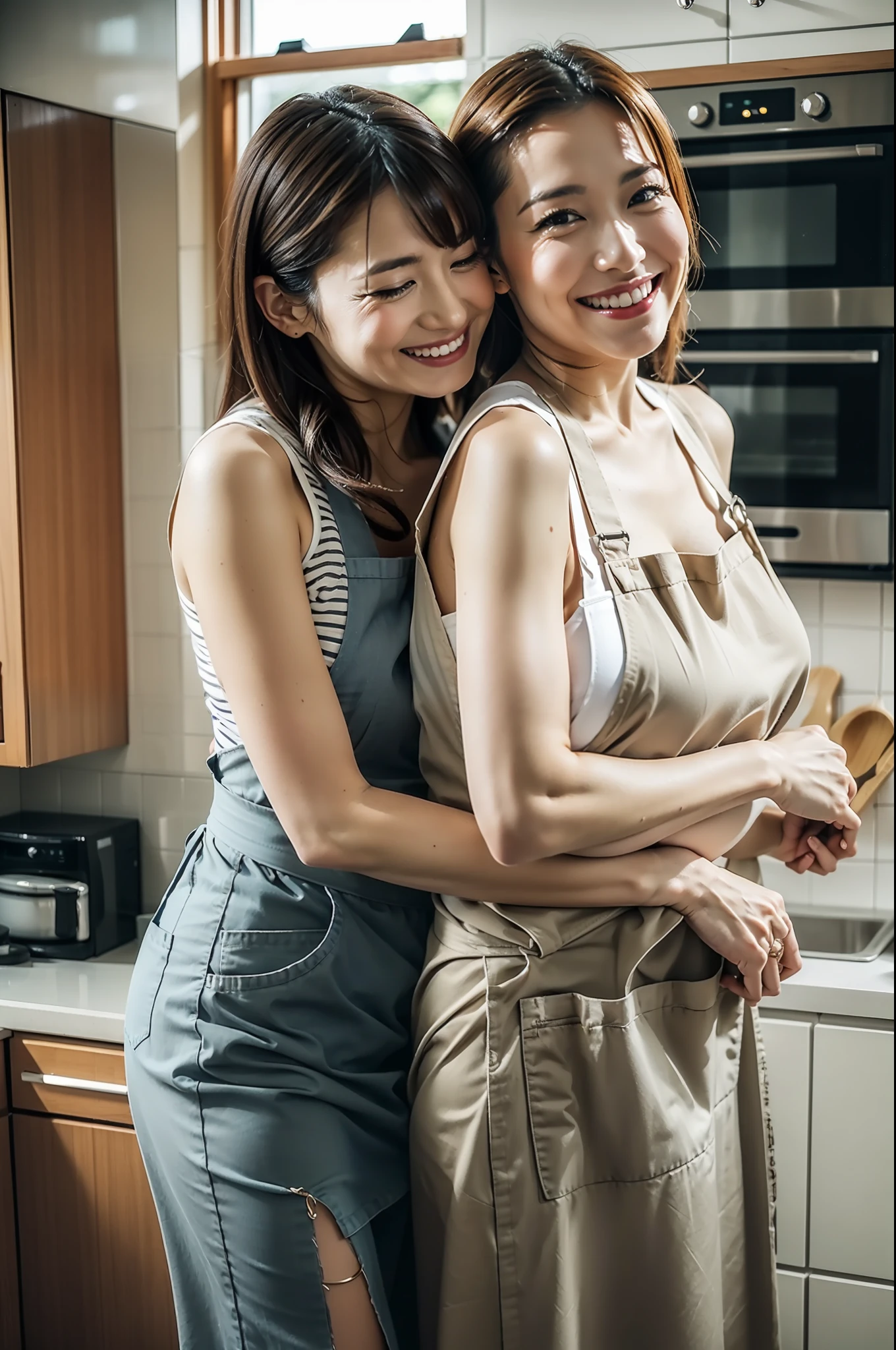best qualtiy、masterpiece、fidelity:1.3、超A high resolution、(Photorealsitic:1.4)、1 Most Beautiful Mature Woman in Japan(Obscene big breasts:1.4、Wearing an apron)、The ultra -The high-definition、Standing in the kitchen、Man hugging woman from behind(childish、cute little)