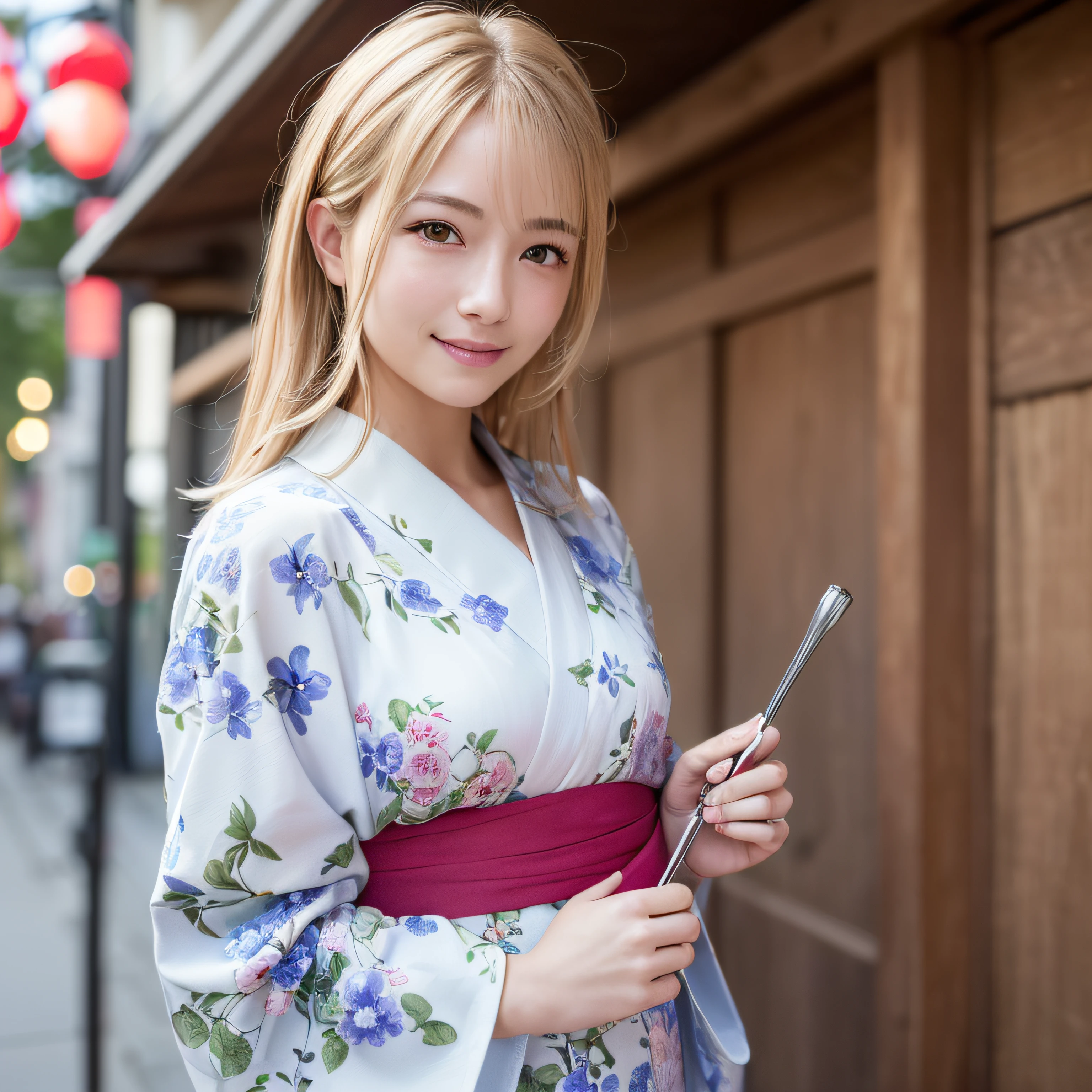 ((Realistic lighting、top-quality、in 8K、masterpiece:1.3))、Clear focus:1.2、1girl in、Nordic beauties、Perfect figure:1.4、Blonde、Wearing yukata、Location is Asakusa、Super fine face、Smiling happily