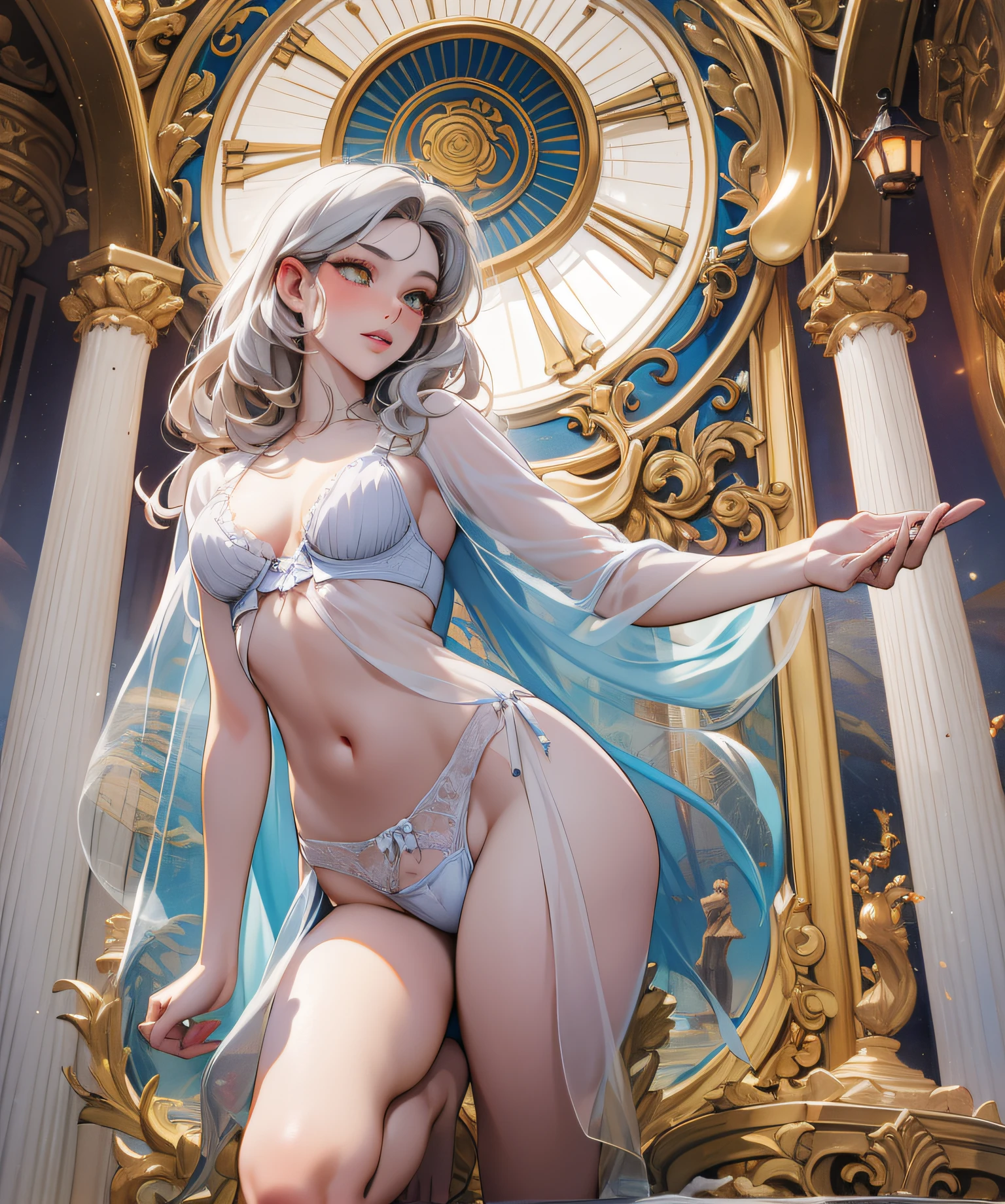 full body, 1 Marble statue of a young girl, front opening, spats (see-through lingerie:1.3), (blushed:1.0), look of contempt,living statue, exposed small breasts, visible pubic hair, view from below, floating antique clock, lamps and lanterns, temple with greek columns, ocean in the distance, dark stormy sky, 1 beautiful caucasian girl carved in marble, fantasy and mystery, fog, 1 beautiful girl in the foreground,golden eyes, golden and silver hair, very long golden and silver hair, crimson lips, marble skin with reflections, statue, sexy pose, provocative pose, full body,Reloj antiguo flotante, Antique lamp, salpicar,pose seductora, Pubic Hair Visible, senos visibles,
