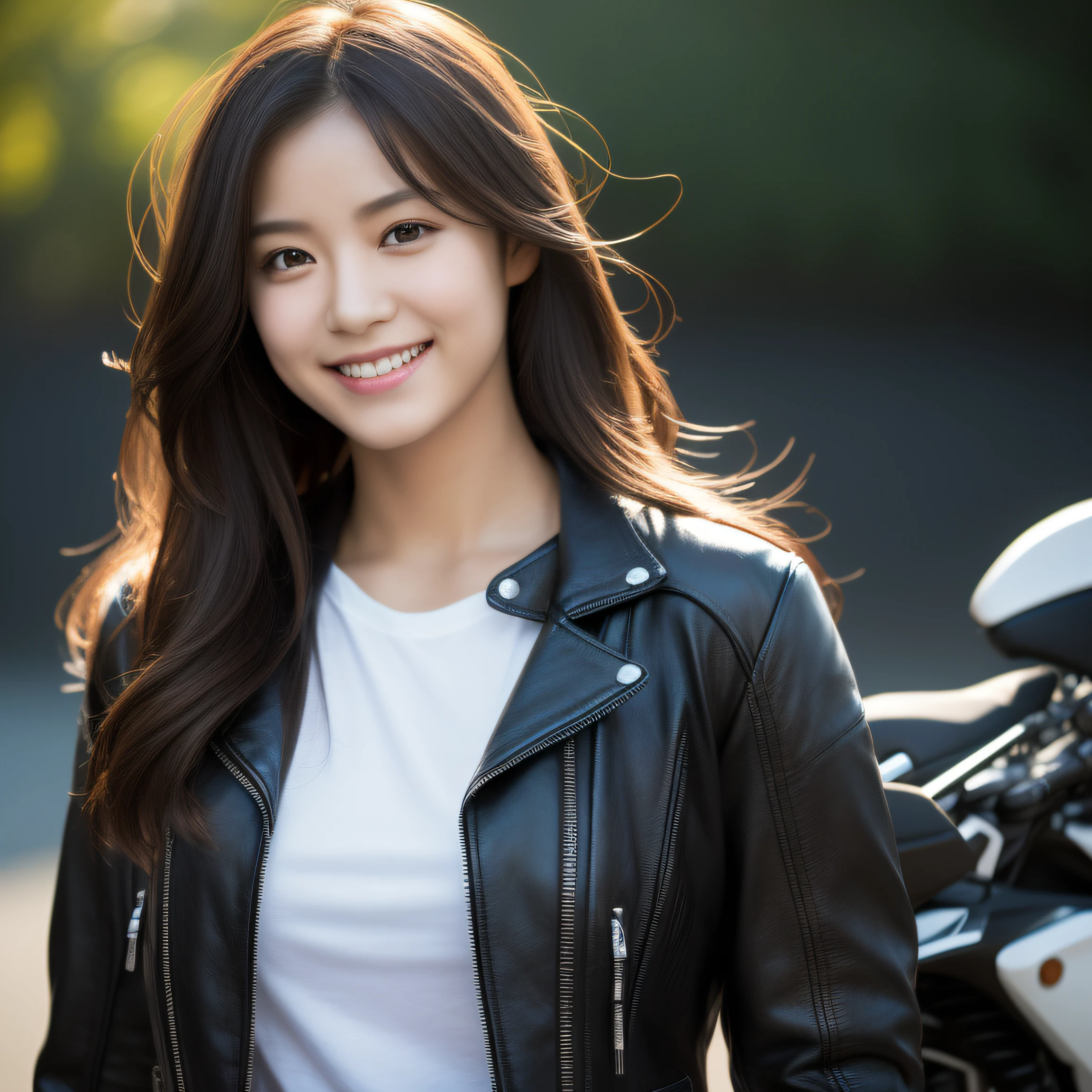 ultra-detailed, 1 girl, Asian, athletic body, realistic skin texture, long hair, (breasts:1.1), smile, gaze at viewer, motorcycle, leather jacket, cotton cropped T-shirt, no helmet, movie lighting, face focus, fine eyes, detailed face, well lit face, sunny day